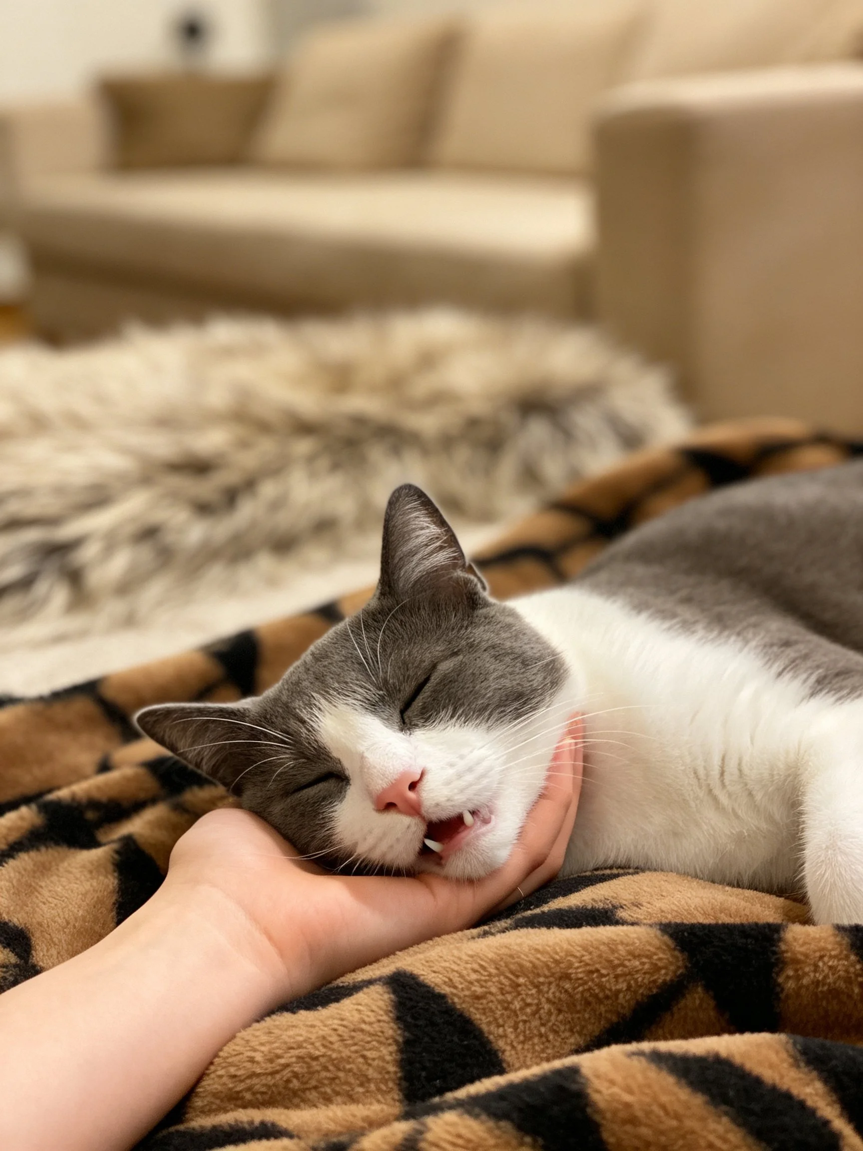 A gray and white cat naps on a patterned blanket with a hand touching it
