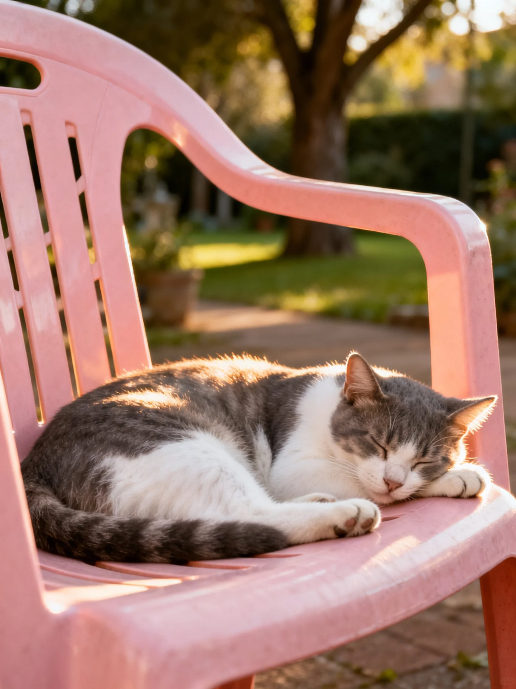 A gray and white cat naps on a pink plastic chair outdoors