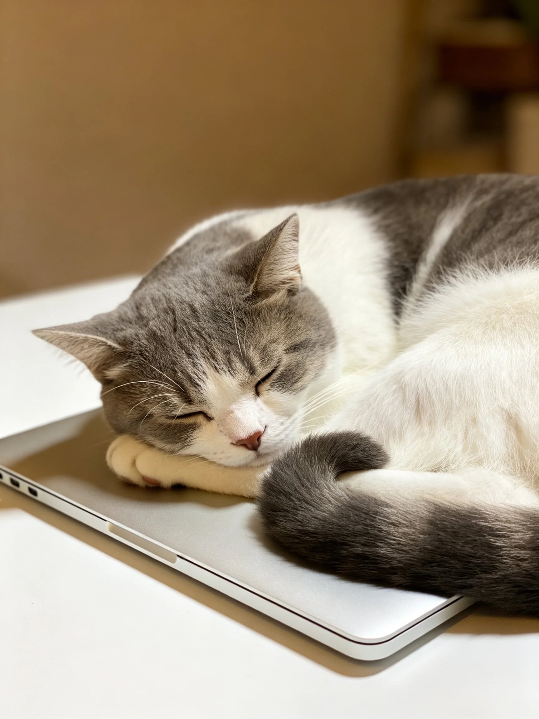 A gray and white cat naps on a silver laptop