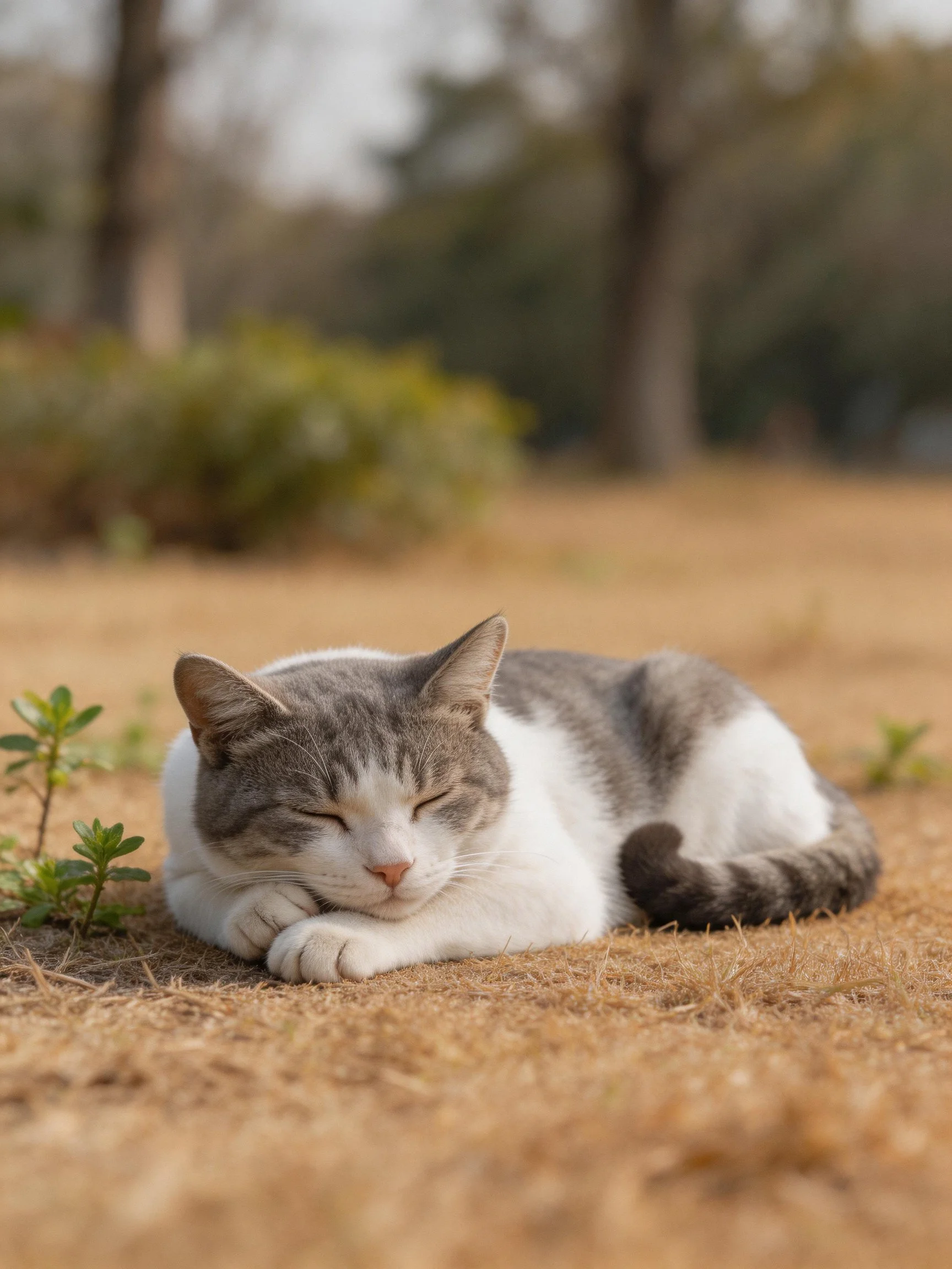 A gray-and-white cat naps on dry grass in a sunny outdoor space