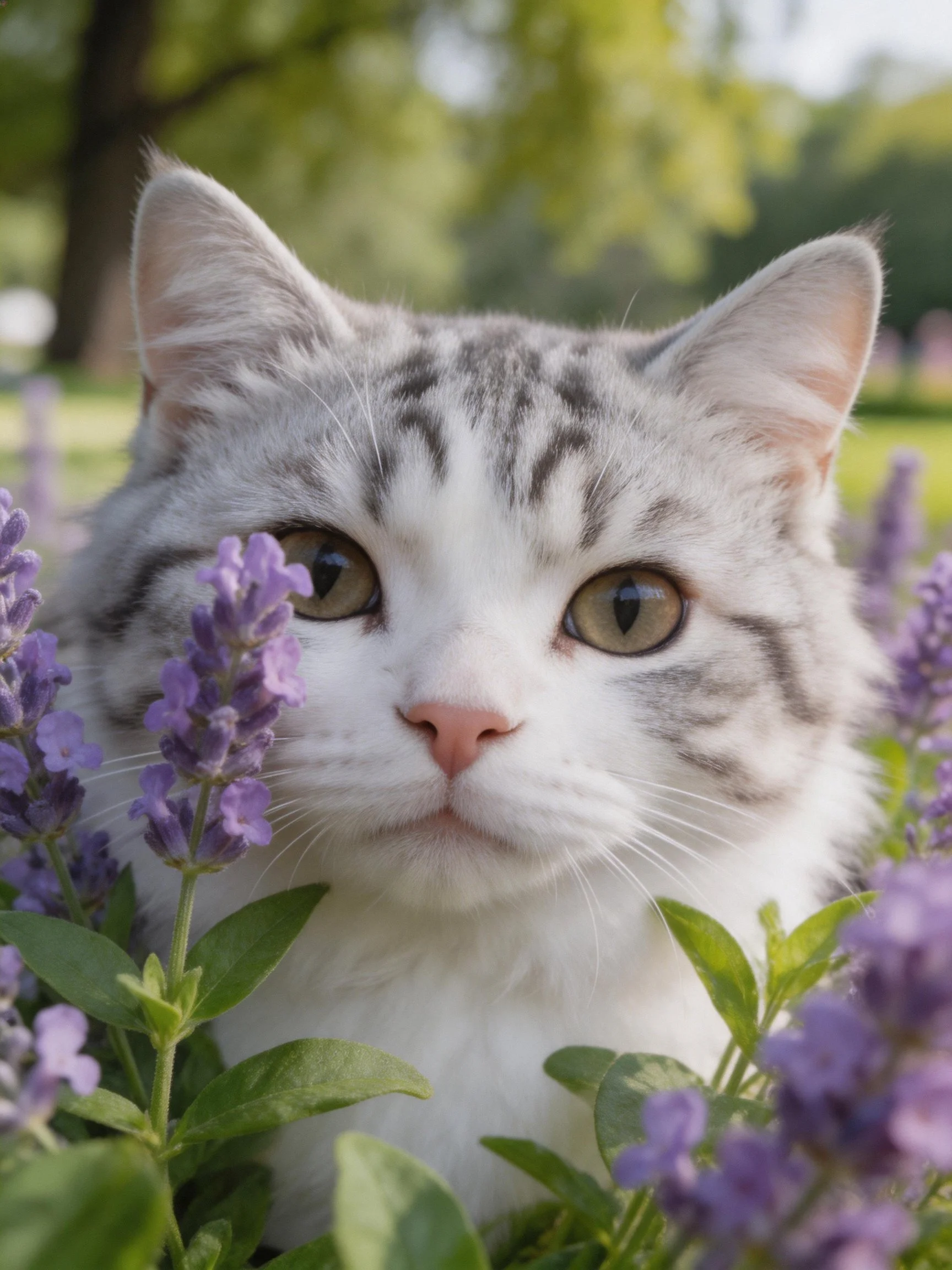 A gray and white cat nestled among vibrant purple lavender flowers outdoors