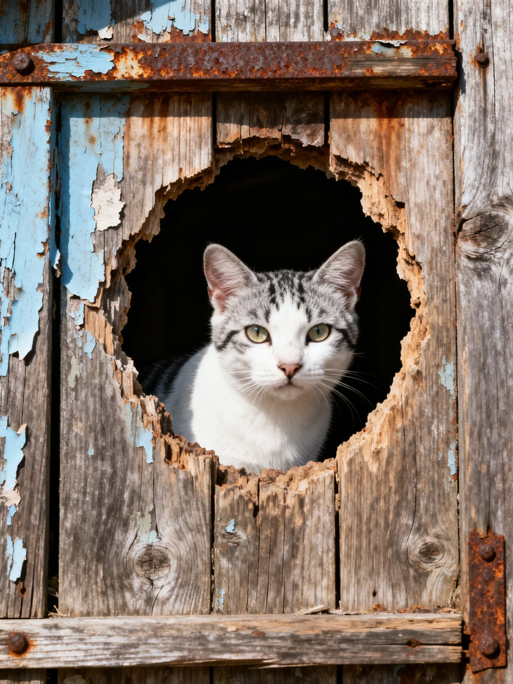 A gray-and-white cat peers from a weathered wooden opening with peeling blue paint