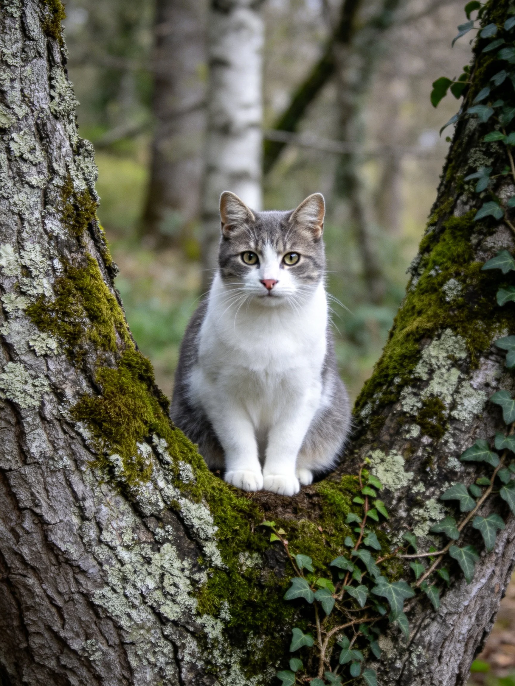 A gray-and-white cat perched in a moss-covered tree fork