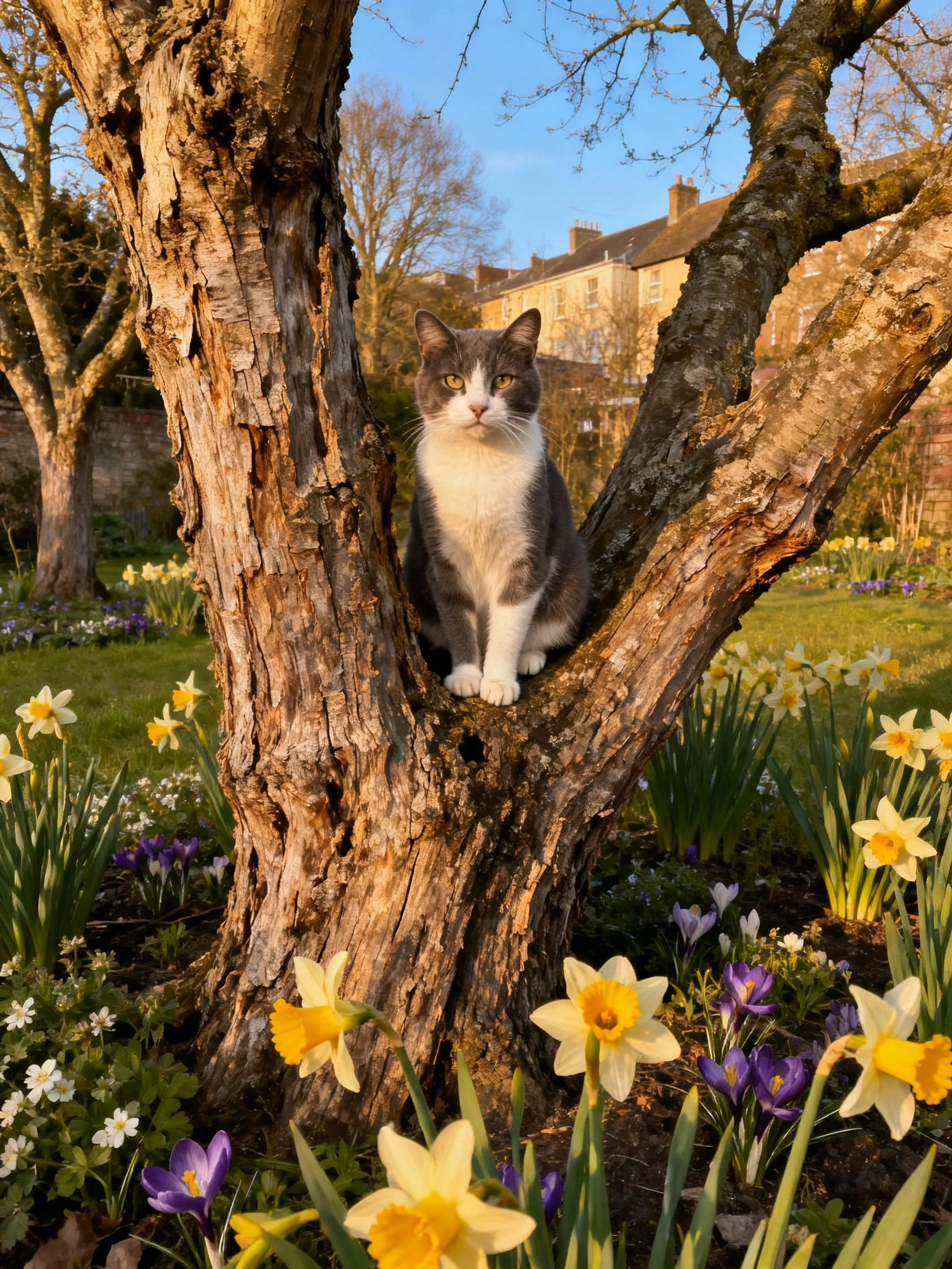 A gray-and-white cat perched in an aged tree amid blooming spring flowers