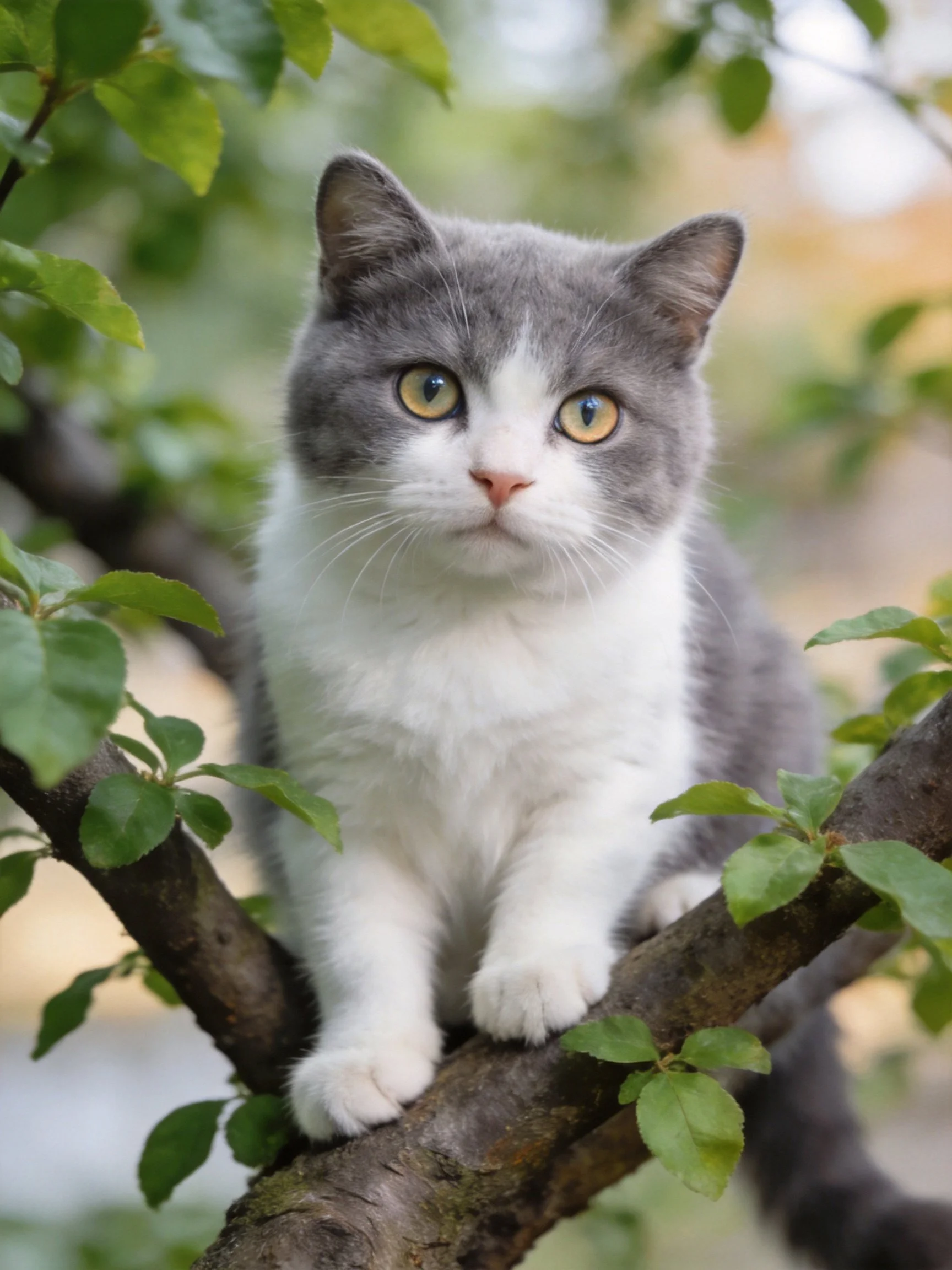 A gray and white cat perched on a leafy tree branch