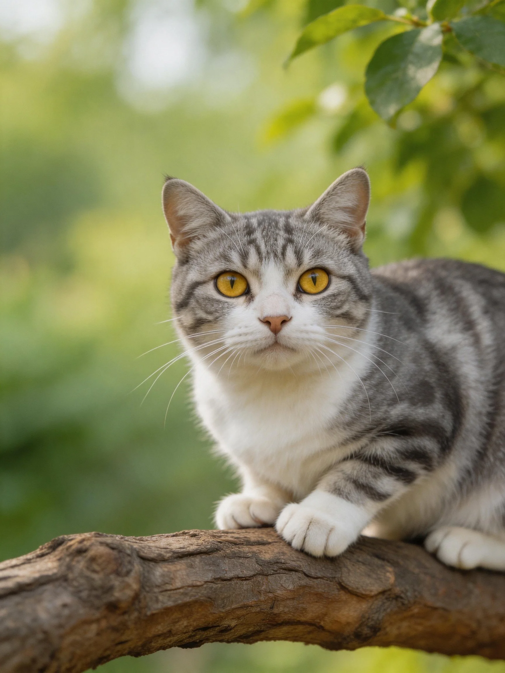 A gray and white cat sits attentively on a tree branch with blurred green surroundings.