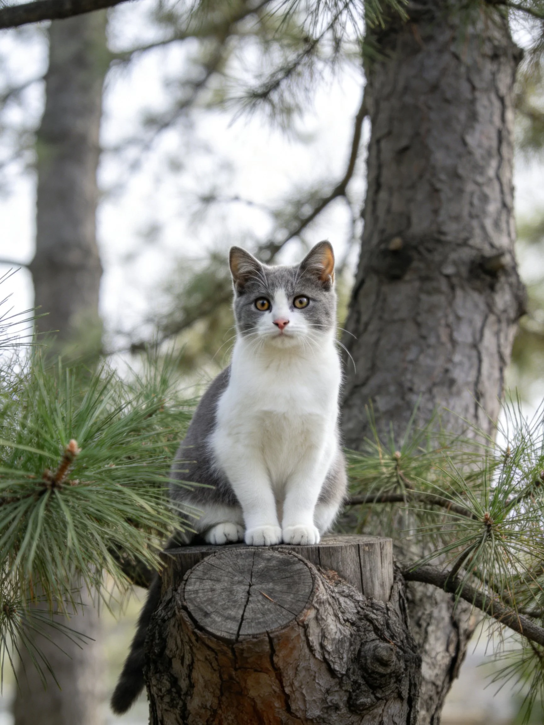 A gray-and-white cat perched on a tree stump amid pine branches