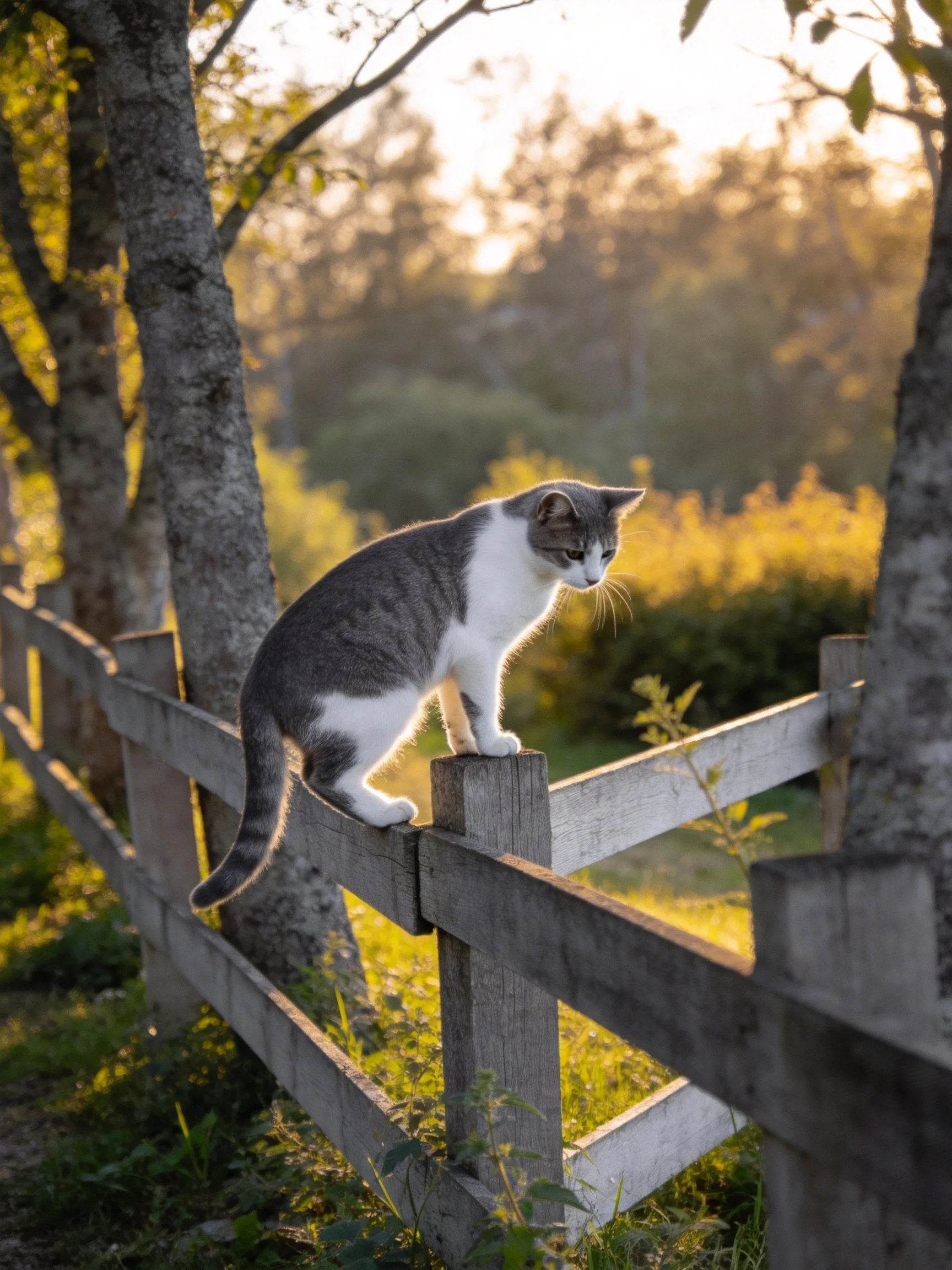 A gray-and-white cat perched on a weathered wooden fence