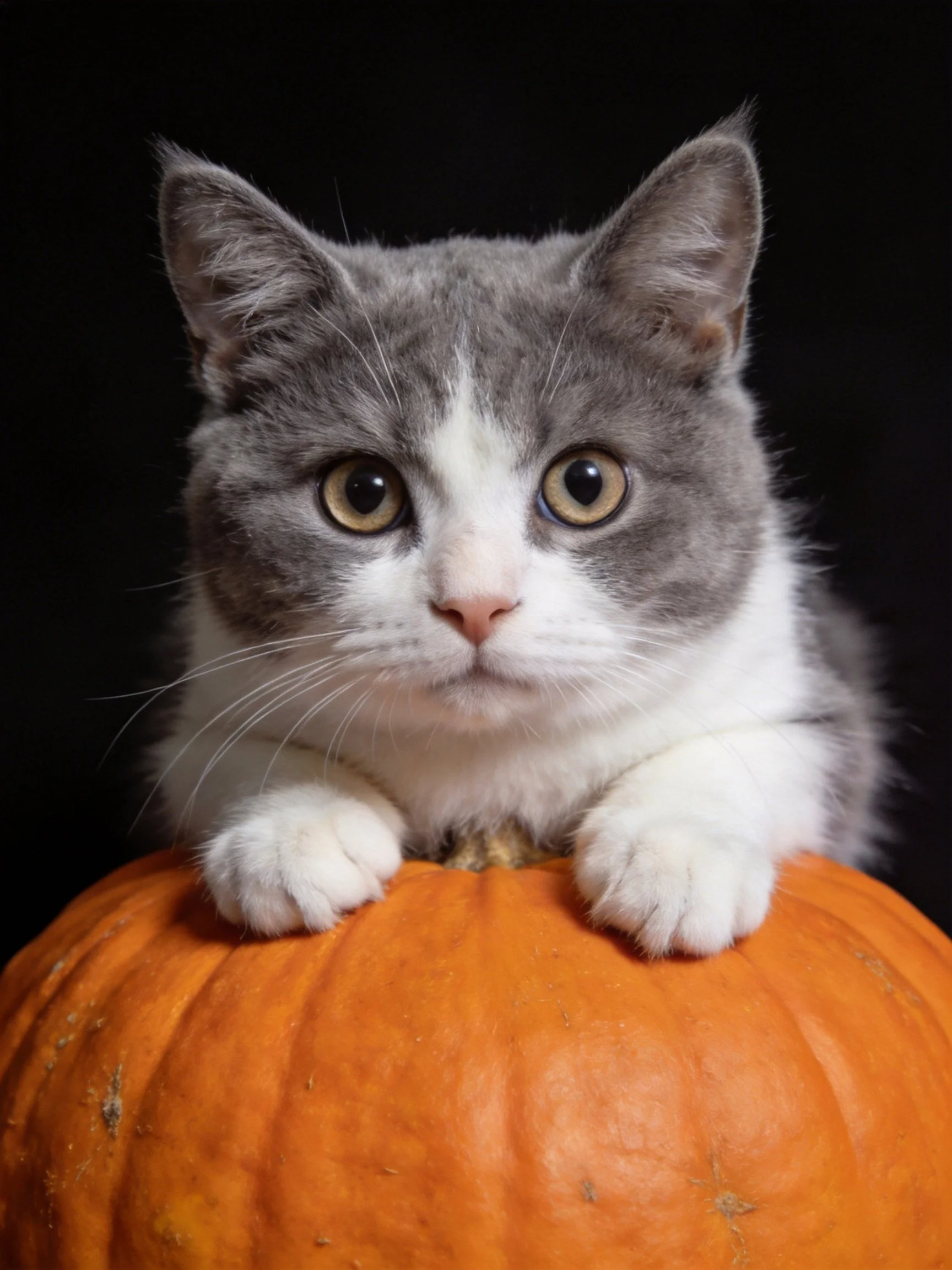 A gray and white cat perched on an orange pumpkin against a dark background
