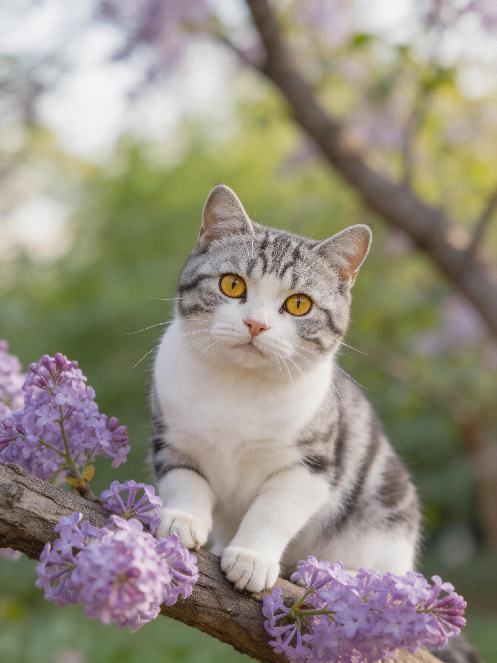 A gray-and-white cat perched on purple lilac blossoms