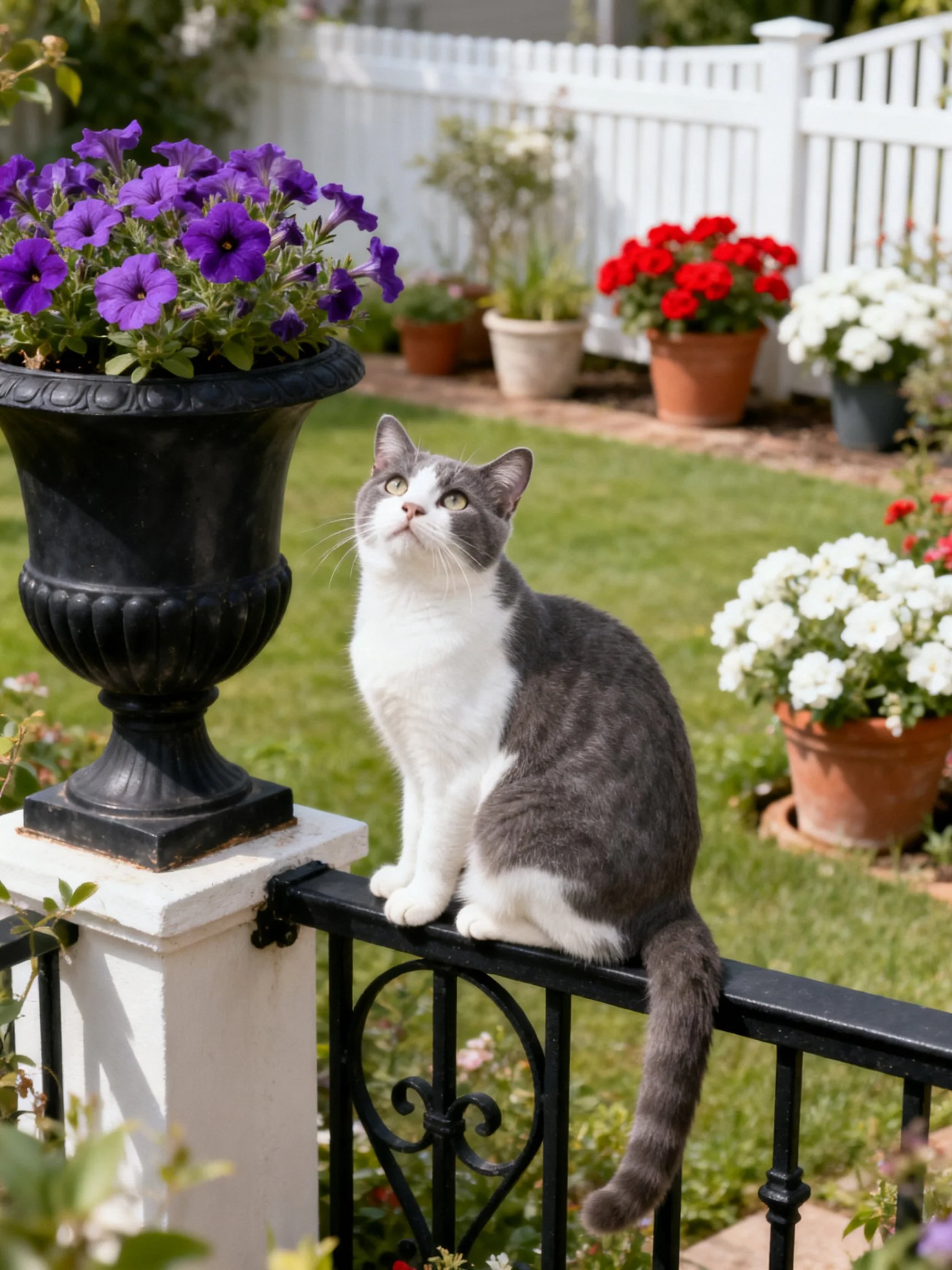 A gray and white cat sits on a fence in a garden with colorful potted flowers