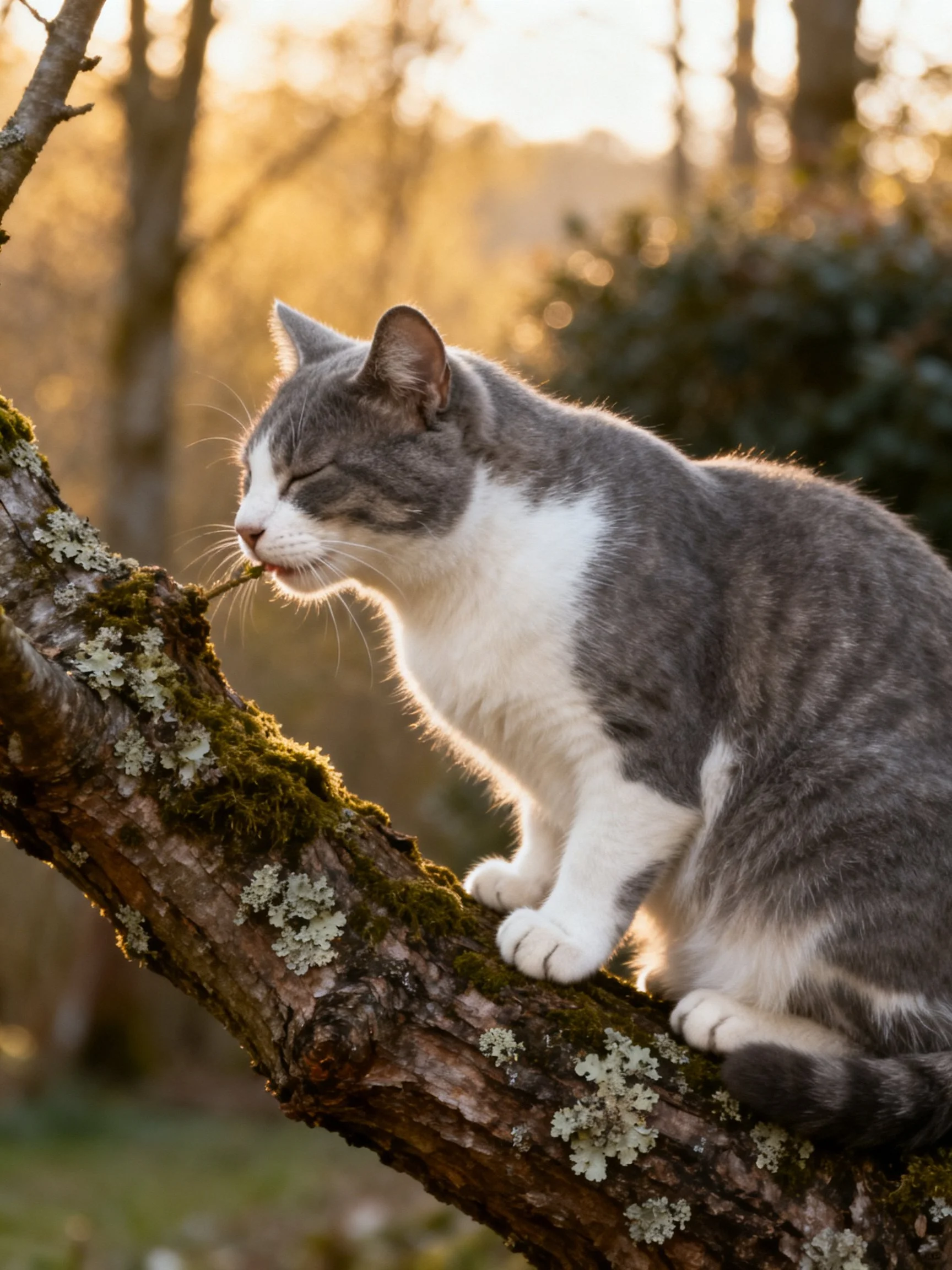 A gray and white cat perches on a lichen-draped mossy branch