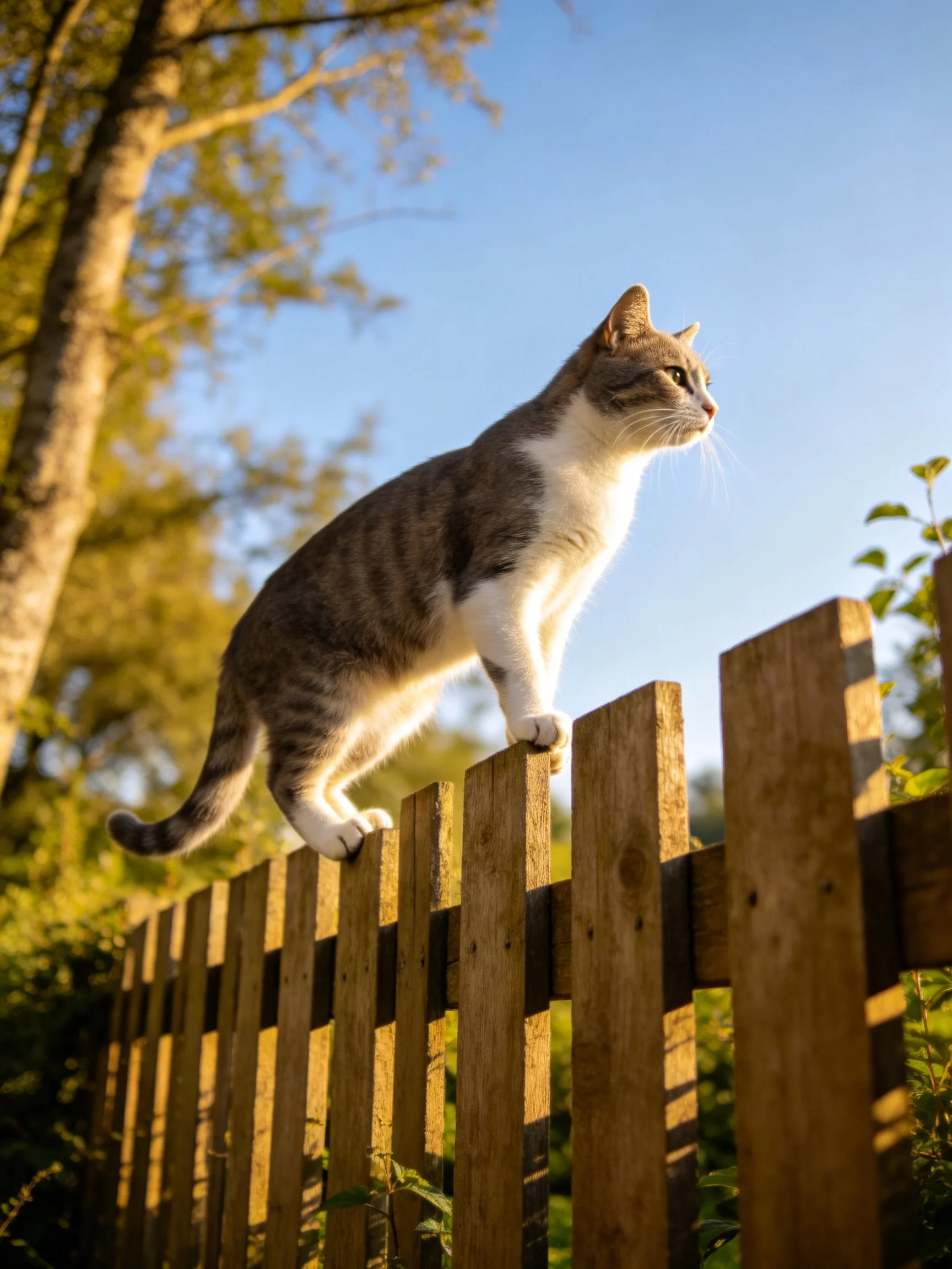 A gray and white cat perches on a wooden fence amid greenery