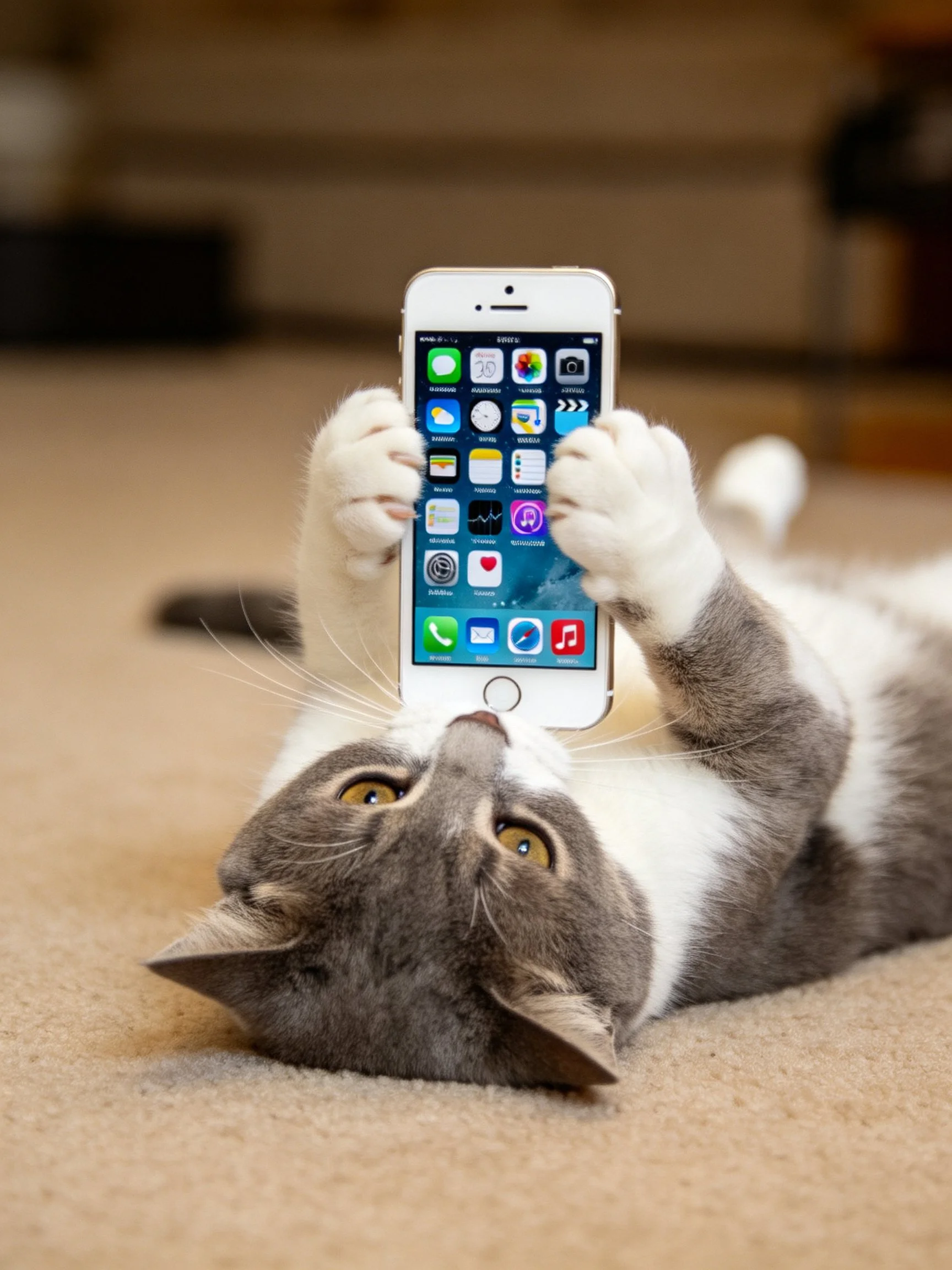 A gray and white cat plays with a silver smartphone on a beige carpet