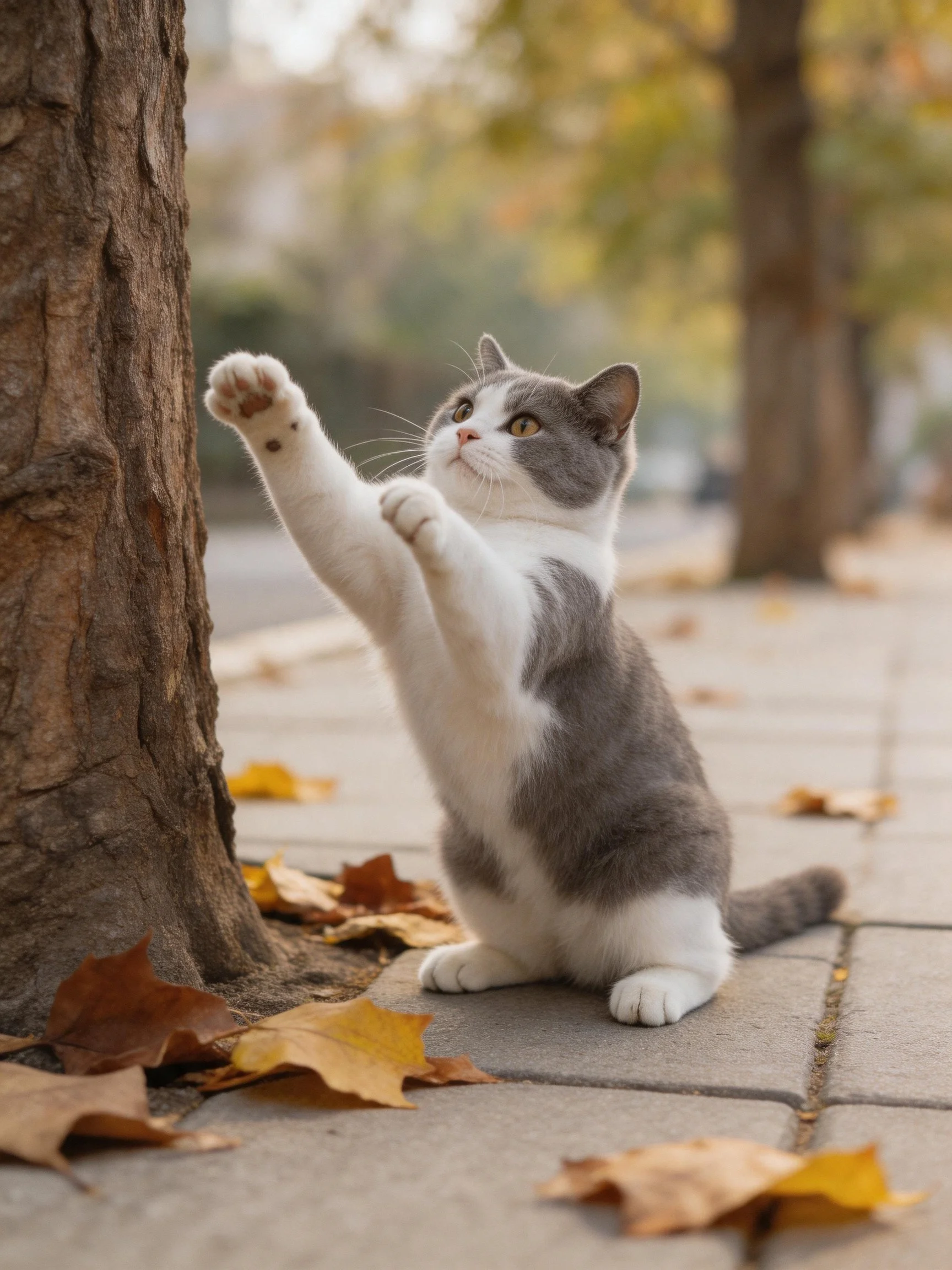 A gray and white cat reaches toward a tree trunk amid fallen autumn leaves