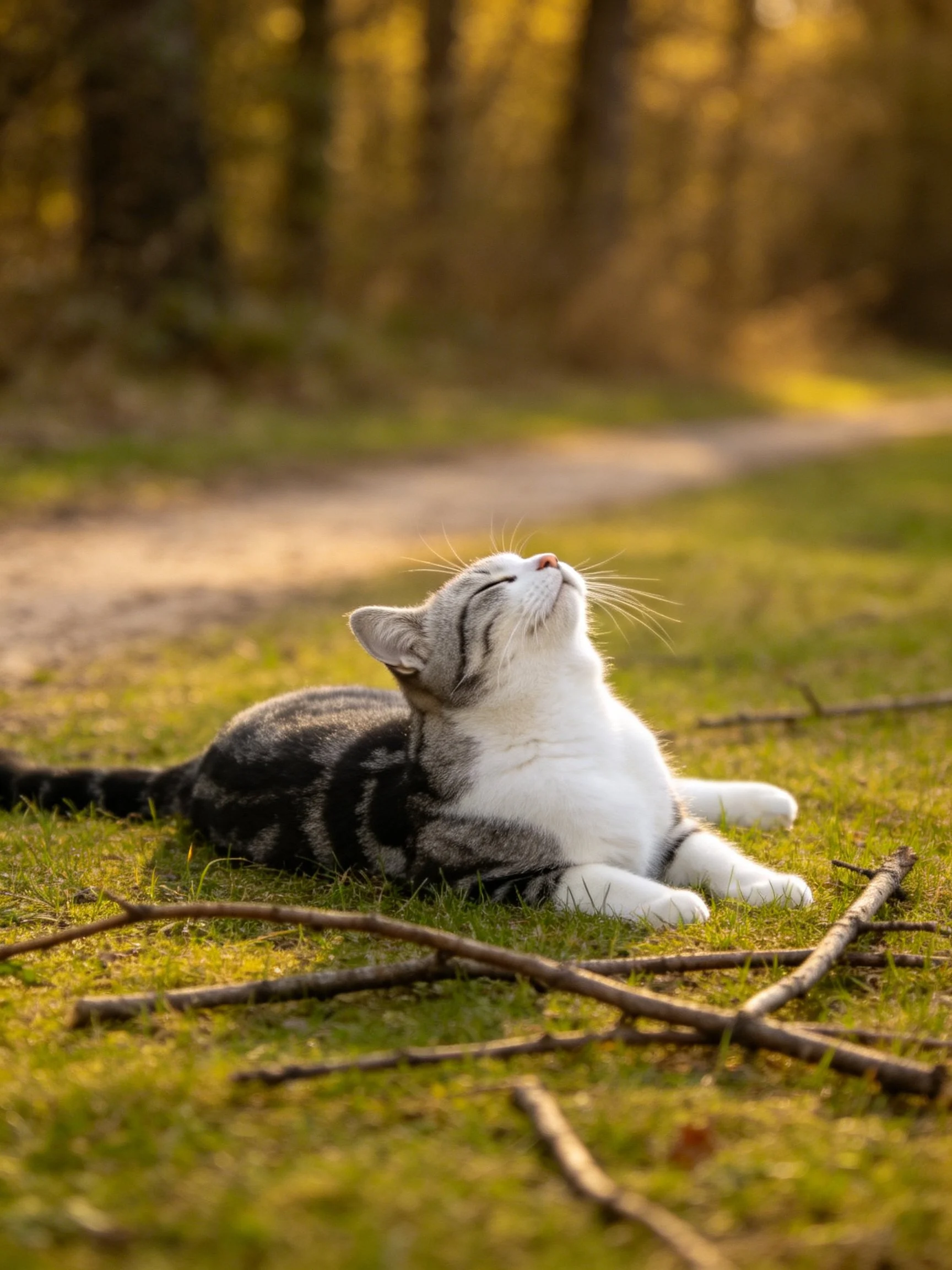 A gray-and-white cat relaxes on grass near scattered twigs under golden light
