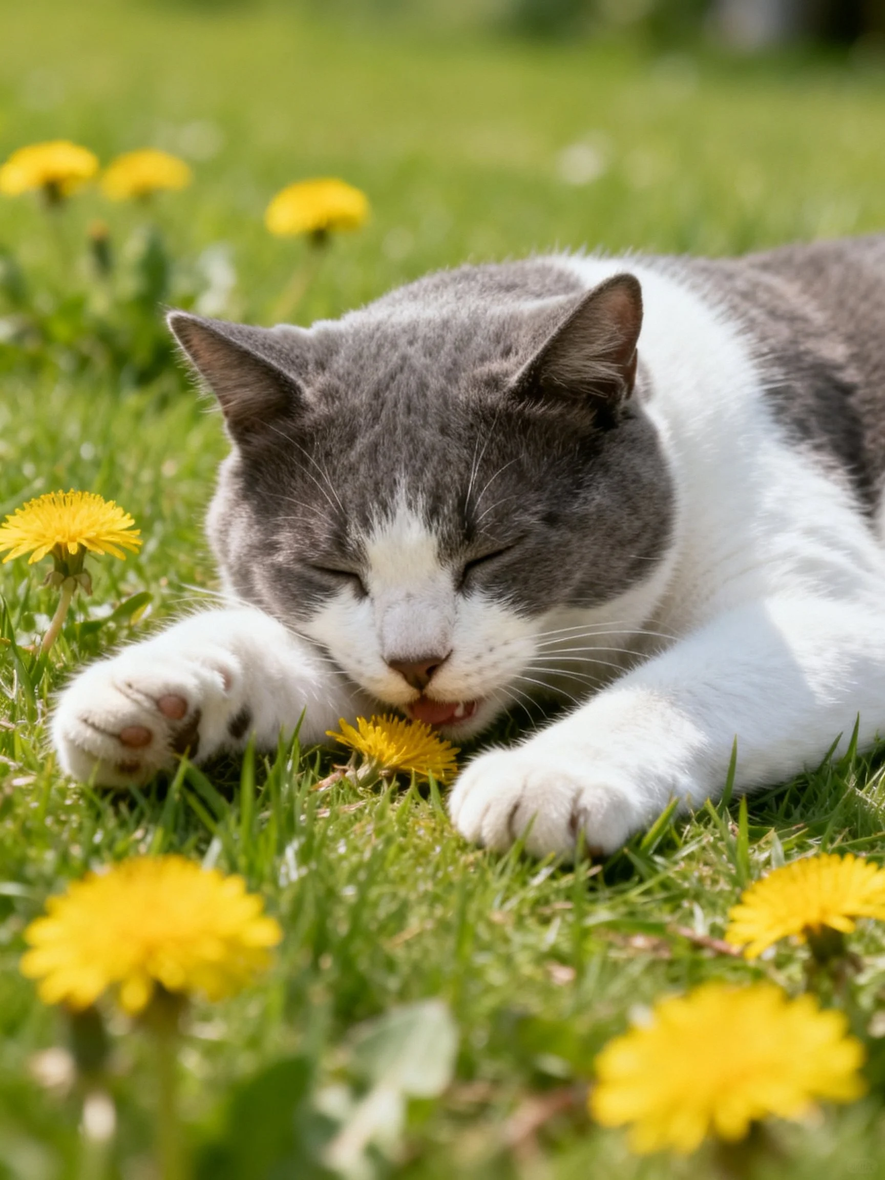 A gray-and-white cat resting among bright yellow dandelions on green grass