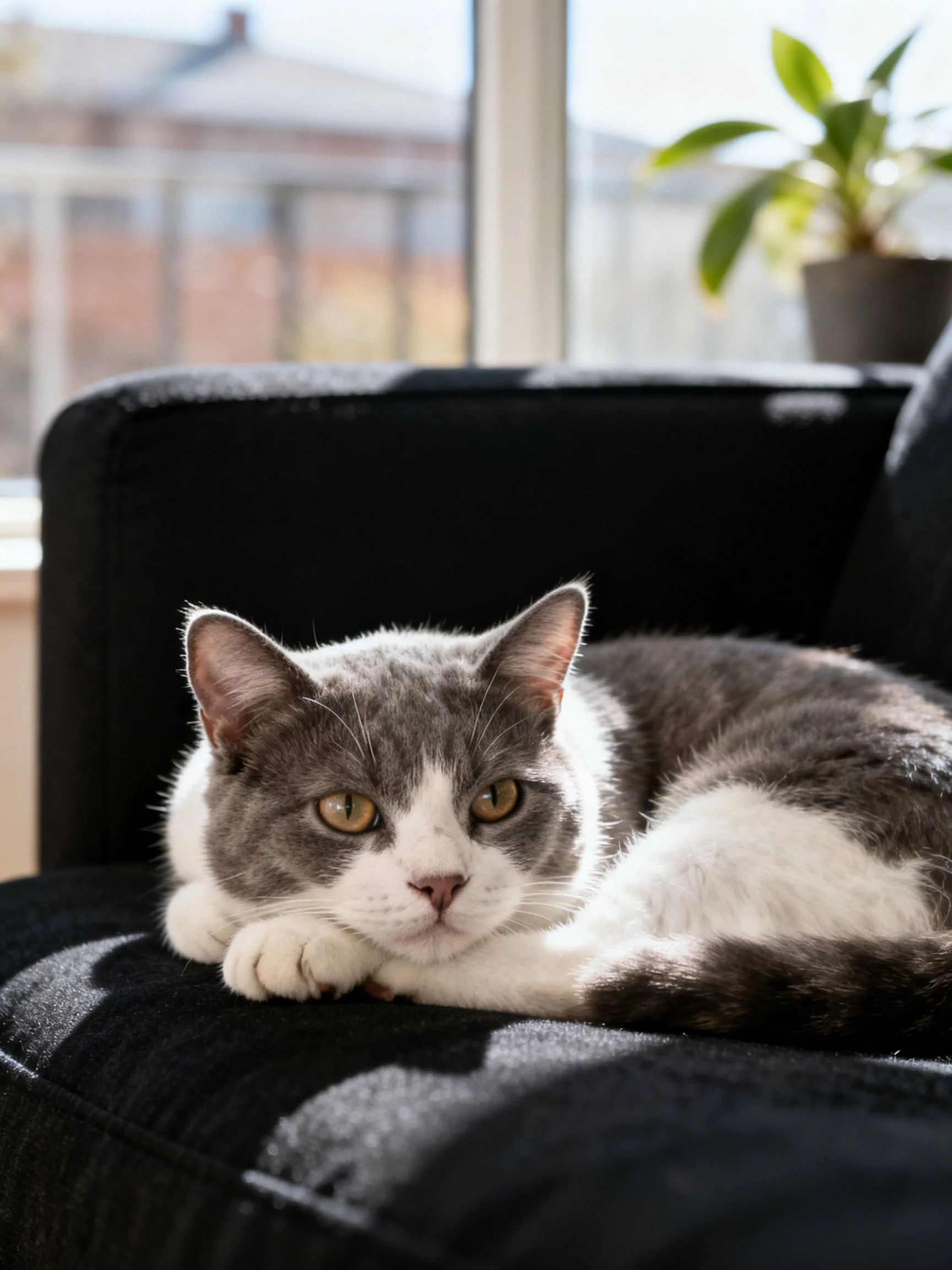 A gray and white cat relaxes on a black chair near a sunlit window.