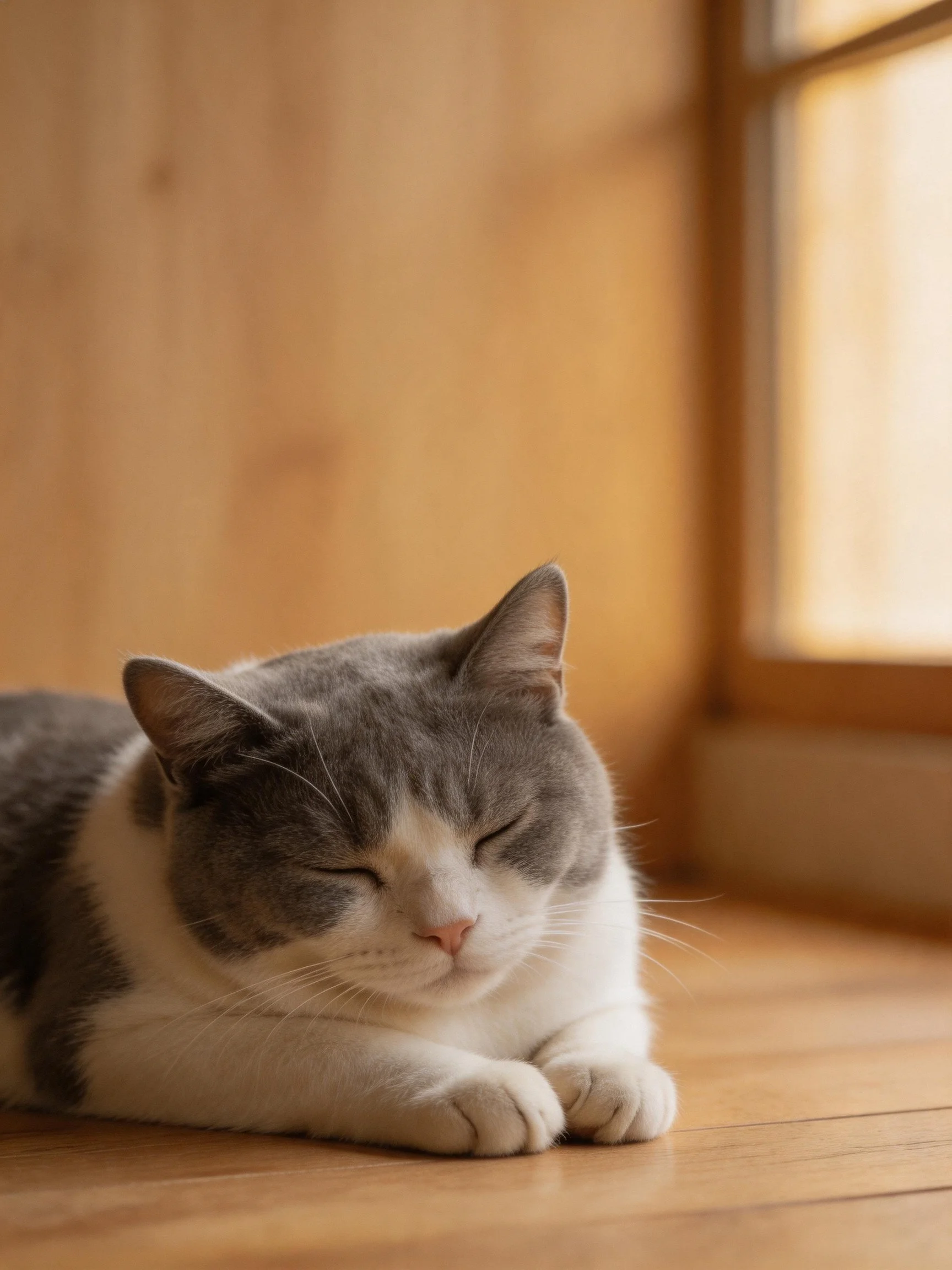 A gray and white cat resting on a wooden floor by a sunlit window