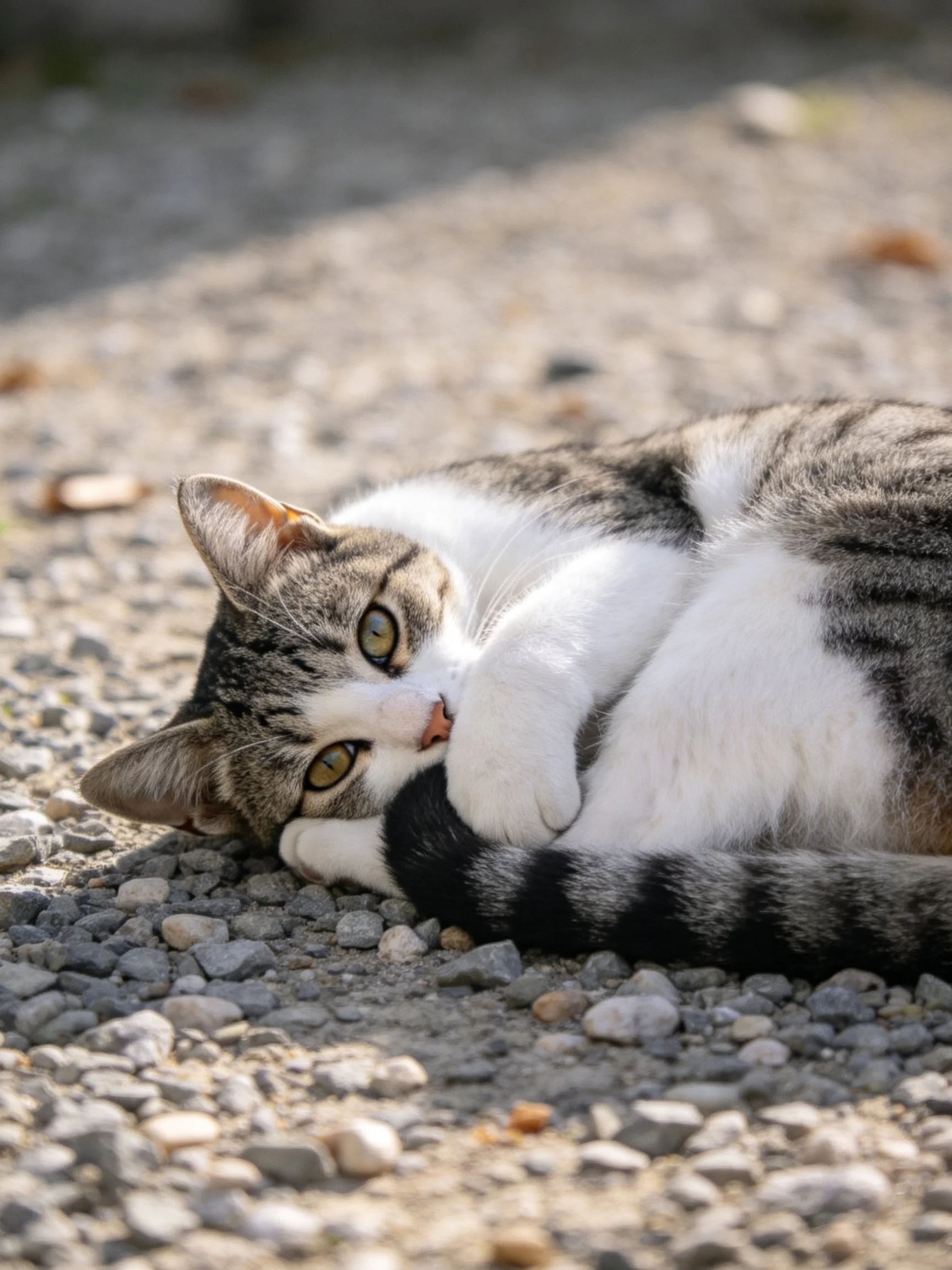 A gray and white cat resting on pebbly ground outdoors