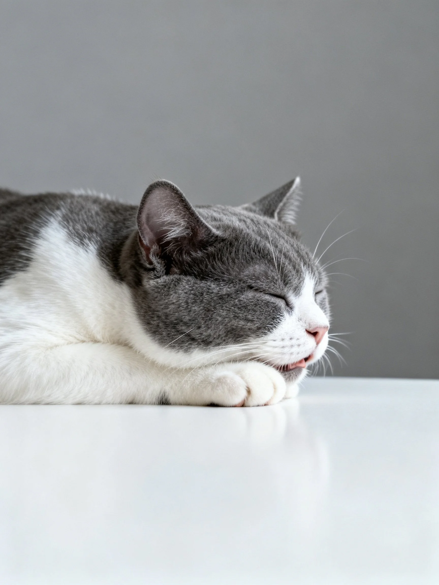A gray and white cat resting peacefully on a smooth surface