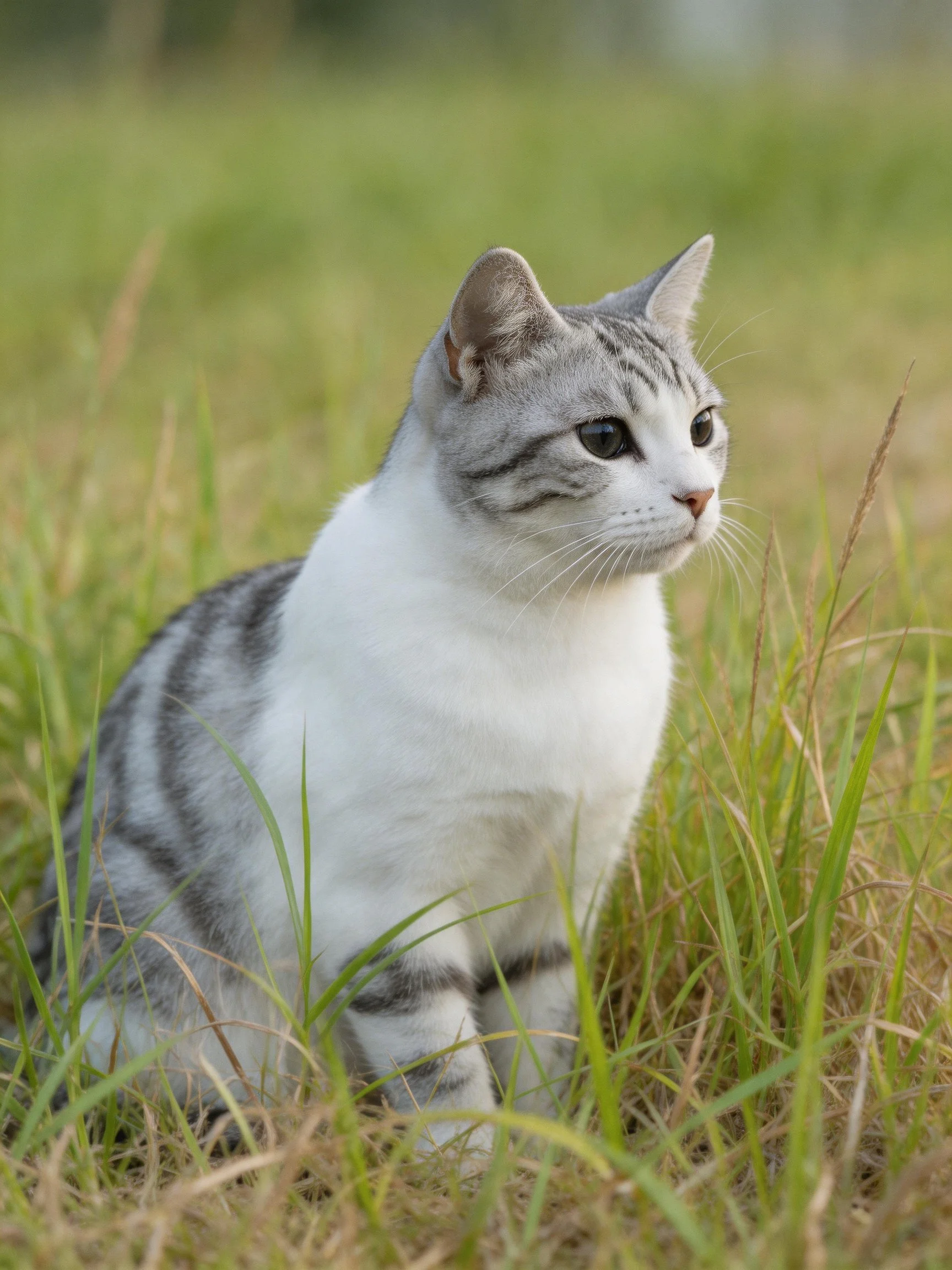 A gray and white cat sits calmly in tall grass.