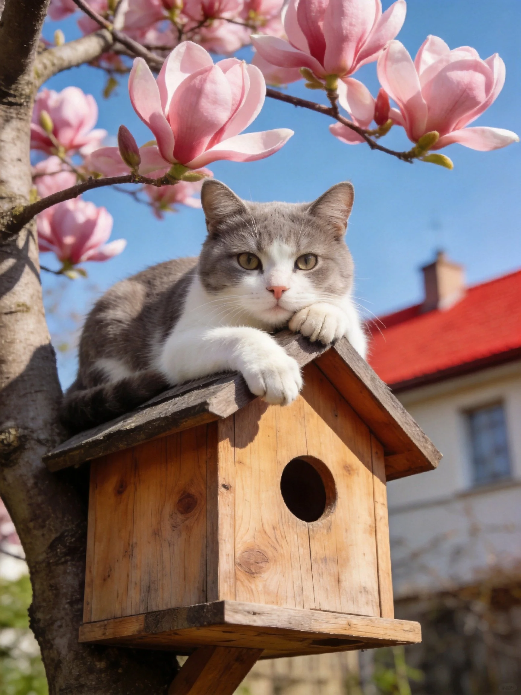 A gray and white cat lounges on a wooden birdhouse beneath blooming pink flowers.
