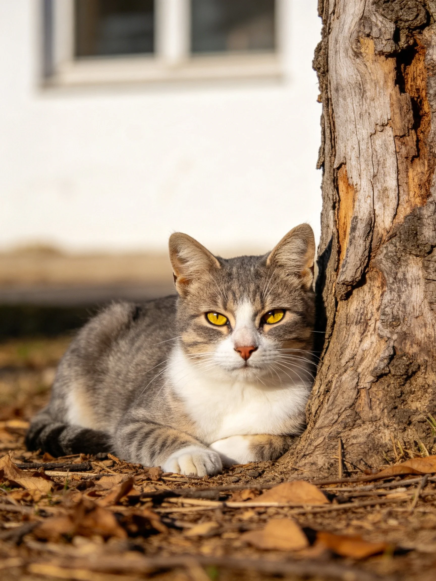 A gray and white cat rests beside a weathered tree trunk with fallen leaves