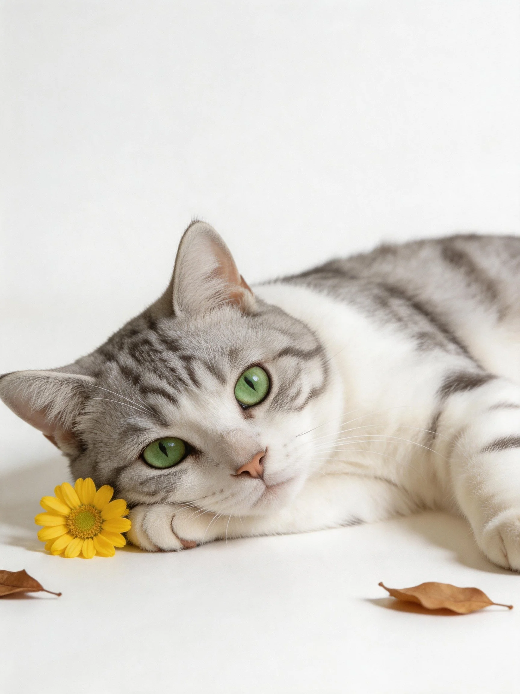 A gray and white cat rests beside a yellow flower with brown leaves