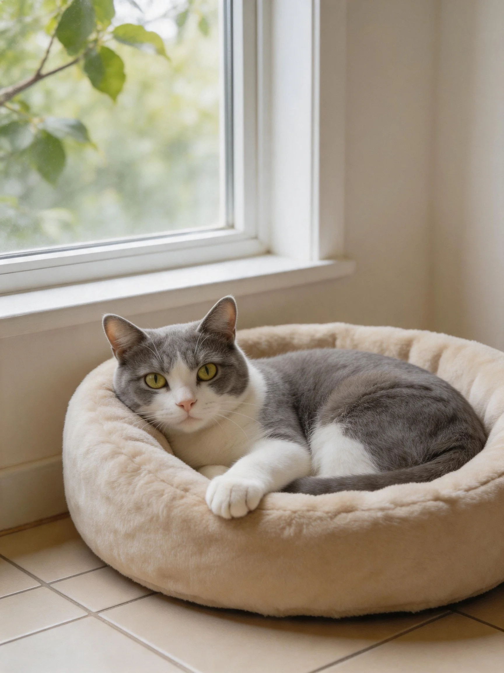 A gray and white cat relaxes in a cozy bed near a bright window.