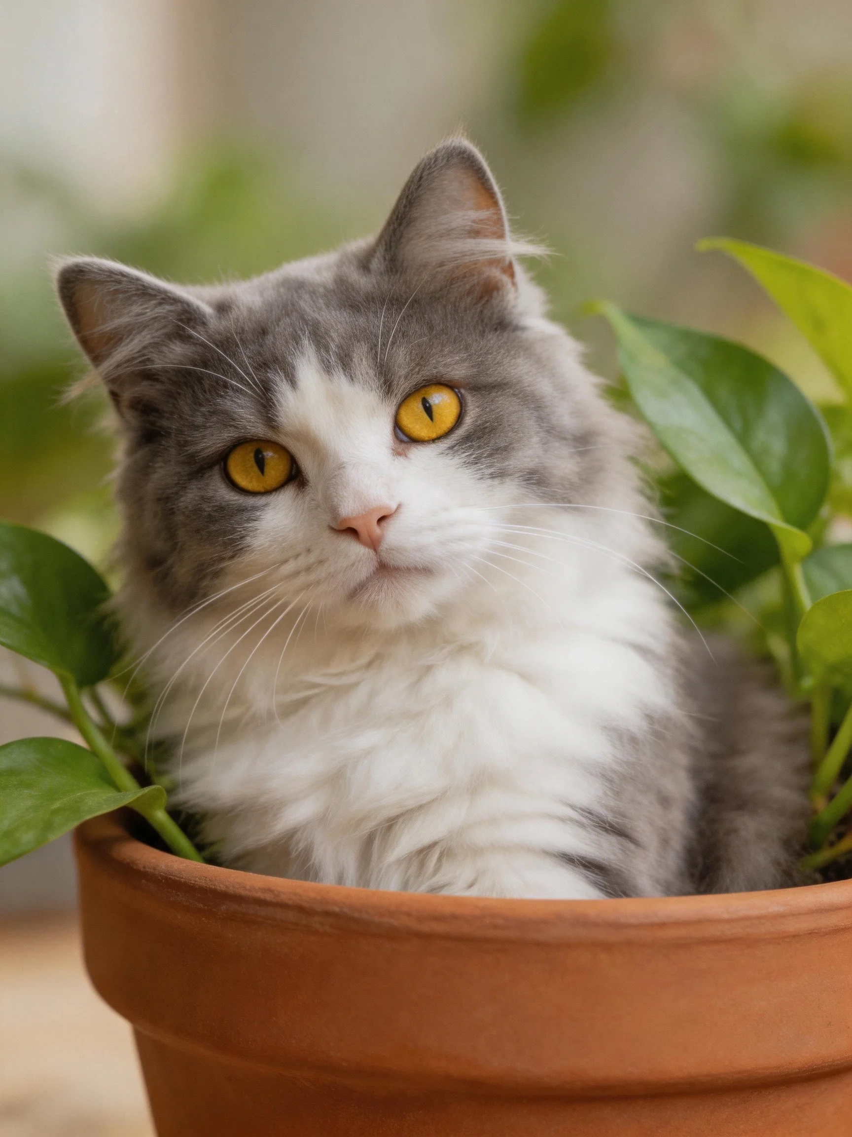 A gray-and-white cat rests in a terracotta pot amid lush green foliage