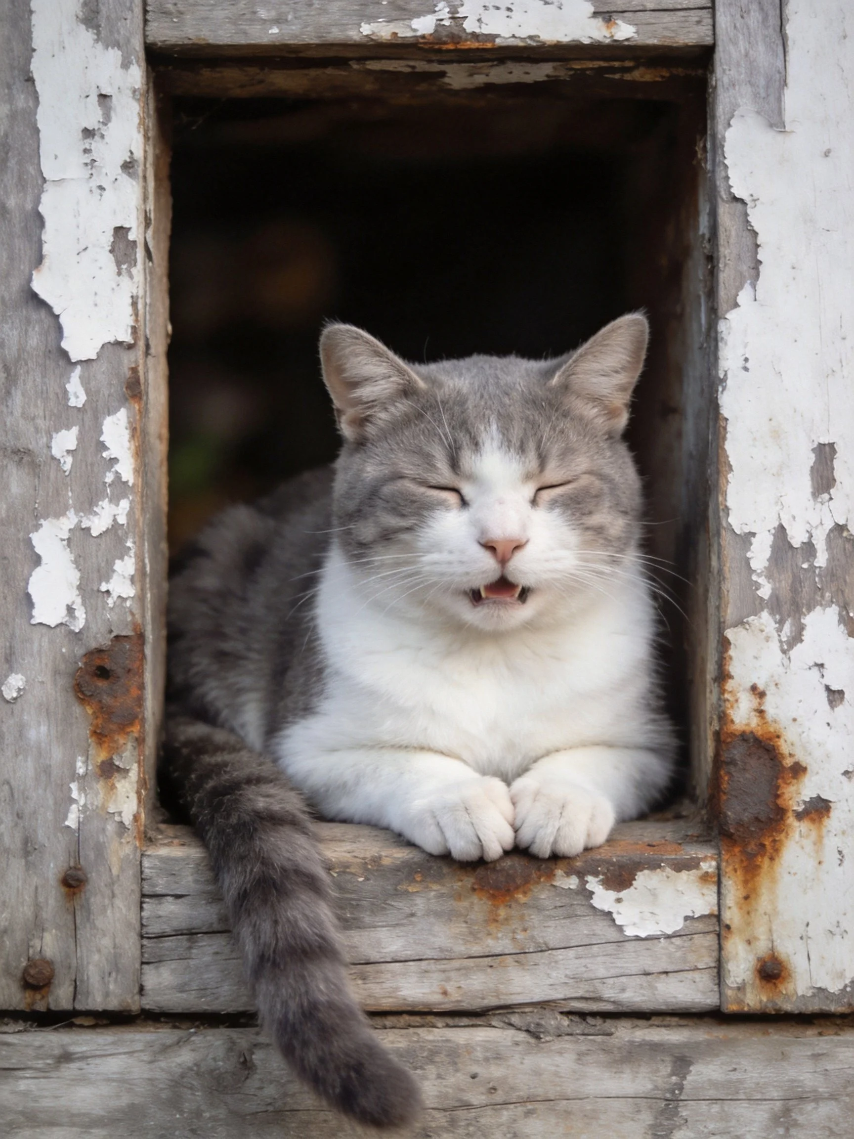 A gray and white cat rests in a weathered wooden window frame