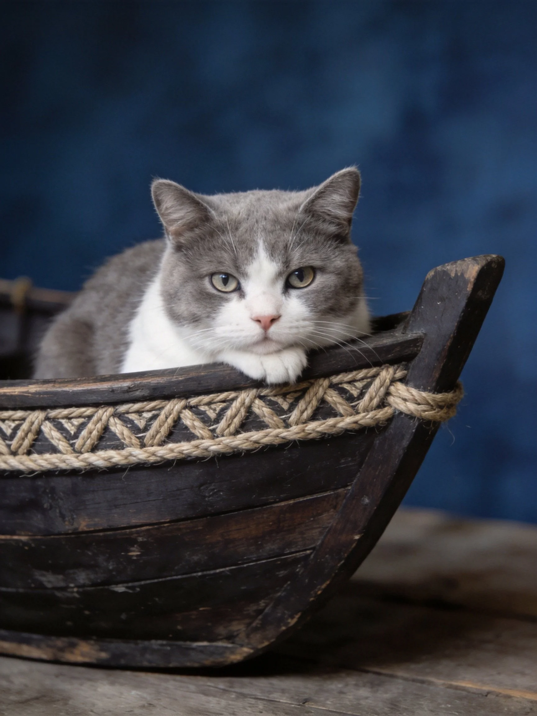 A gray and white cat relaxes inside a weathered wooden boat.