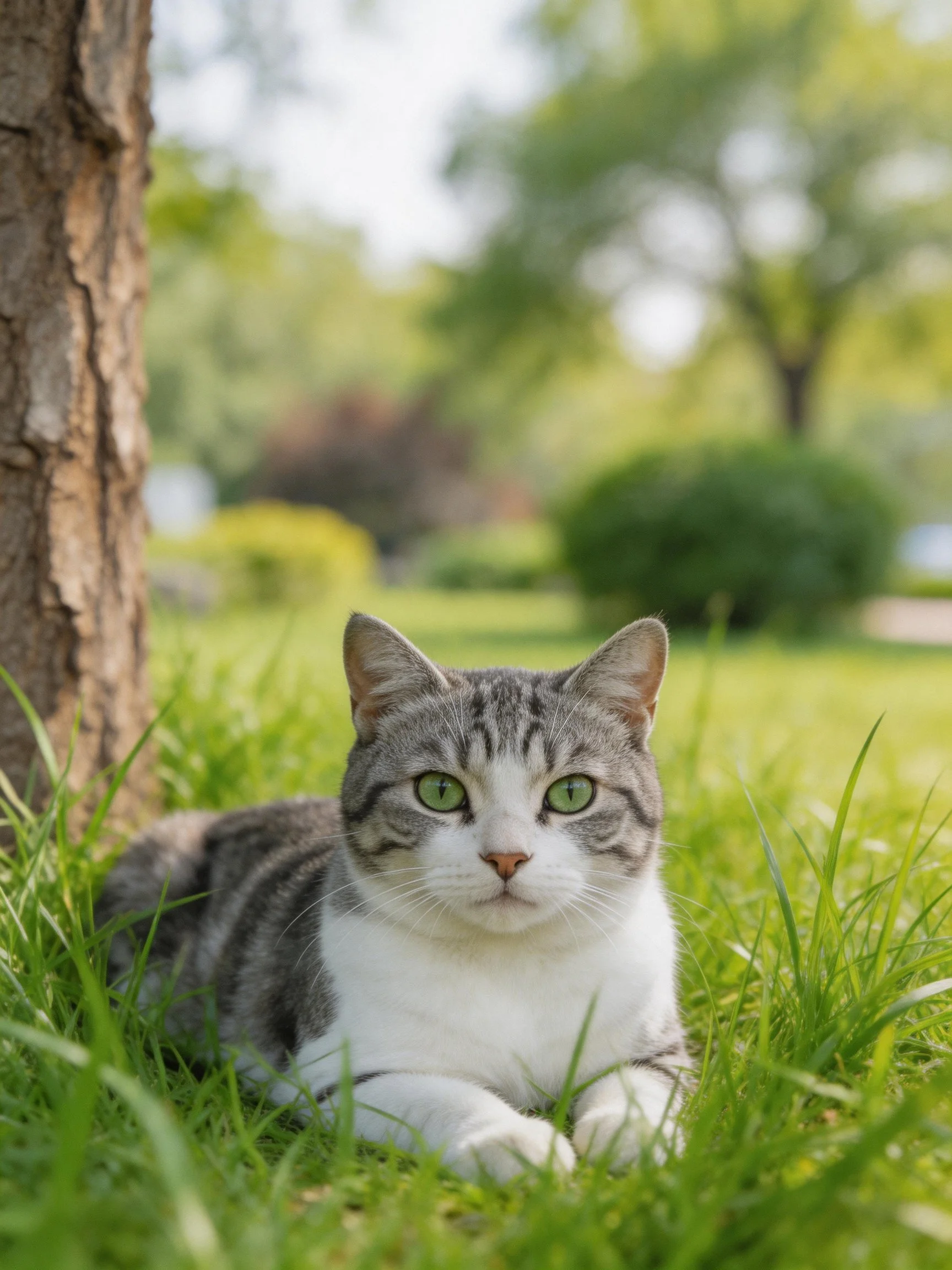 A gray and white cat relaxes in grass next to a tree trunk.