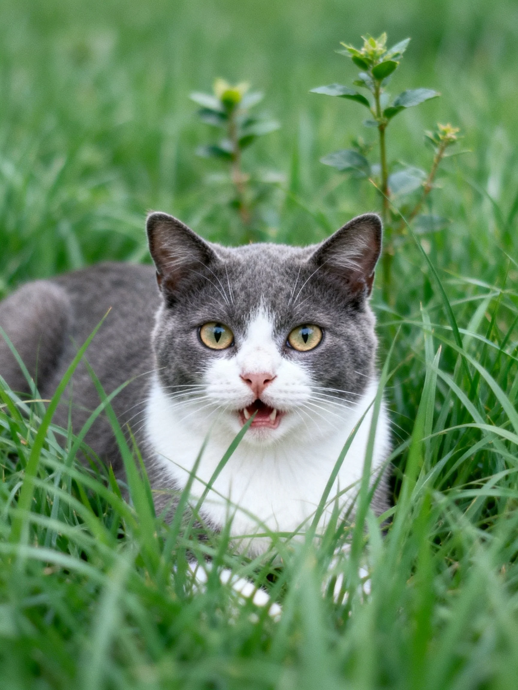 A gray and white cat is nestled in tall green grass.
