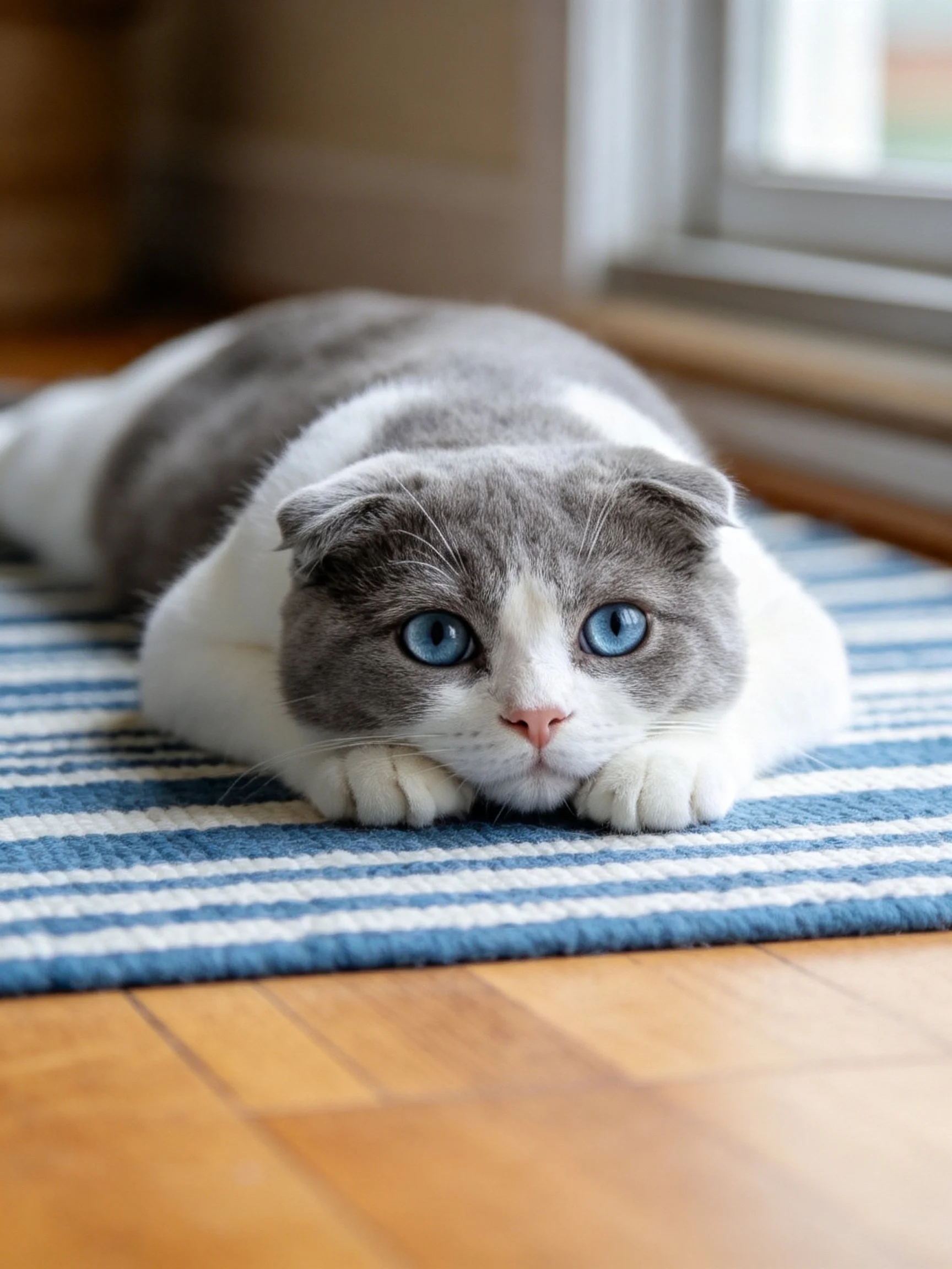 A gray and white cat lies on a blue rug by a window