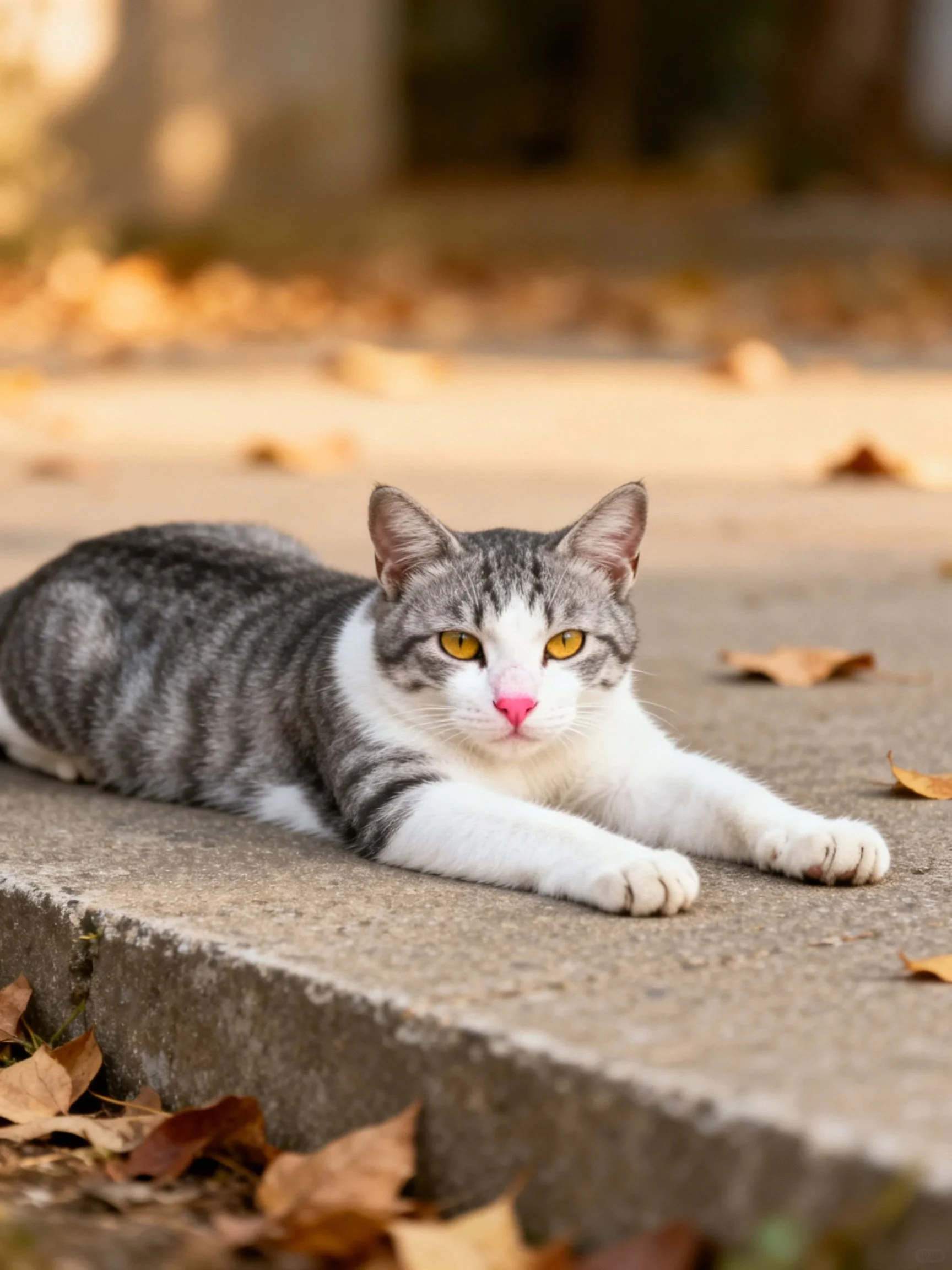 A gray and white cat rests on a concrete path amid scattered leaves