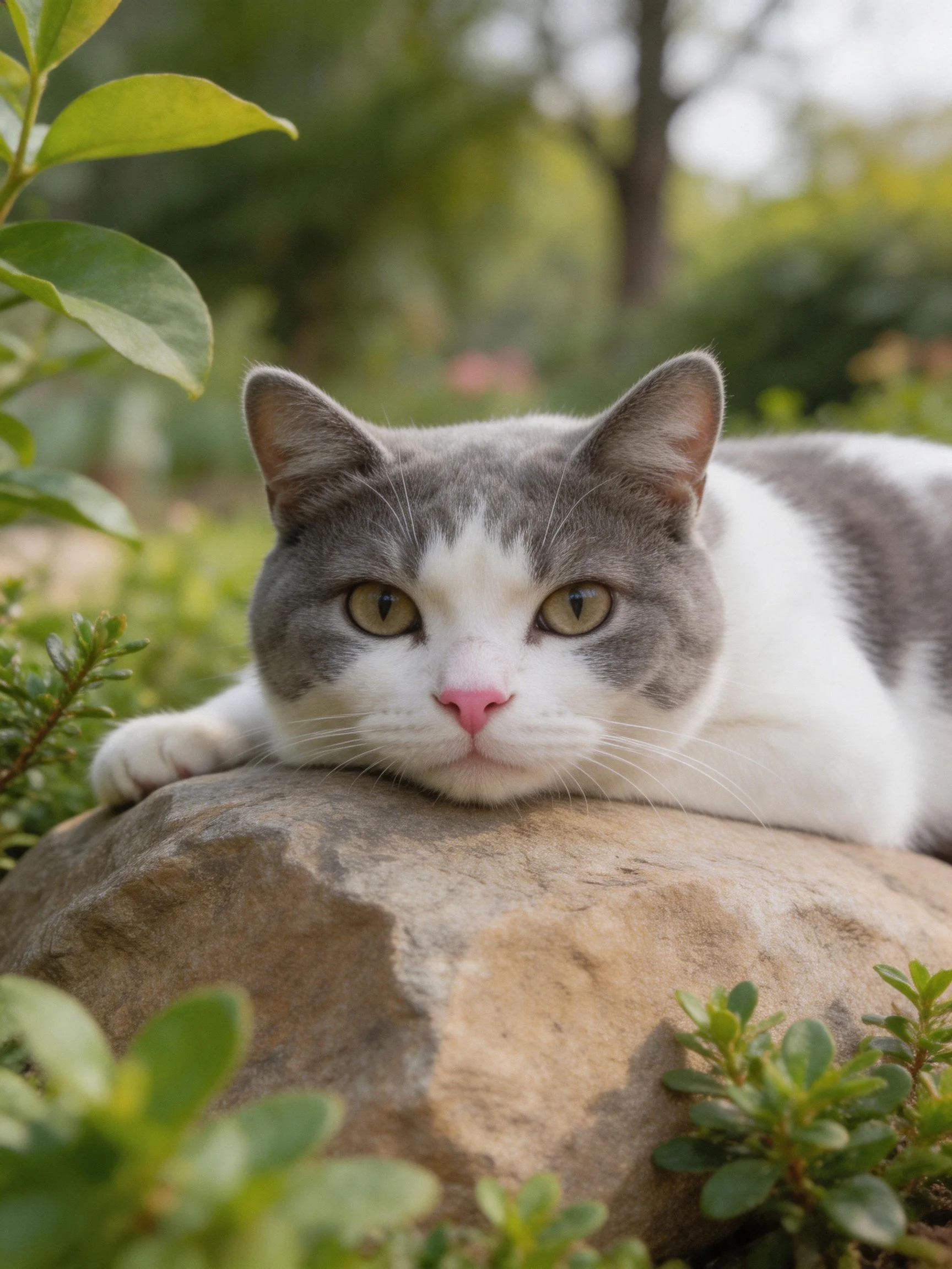 A gray-and-white cat relaxes on a rock surrounded by greenery outdoors.