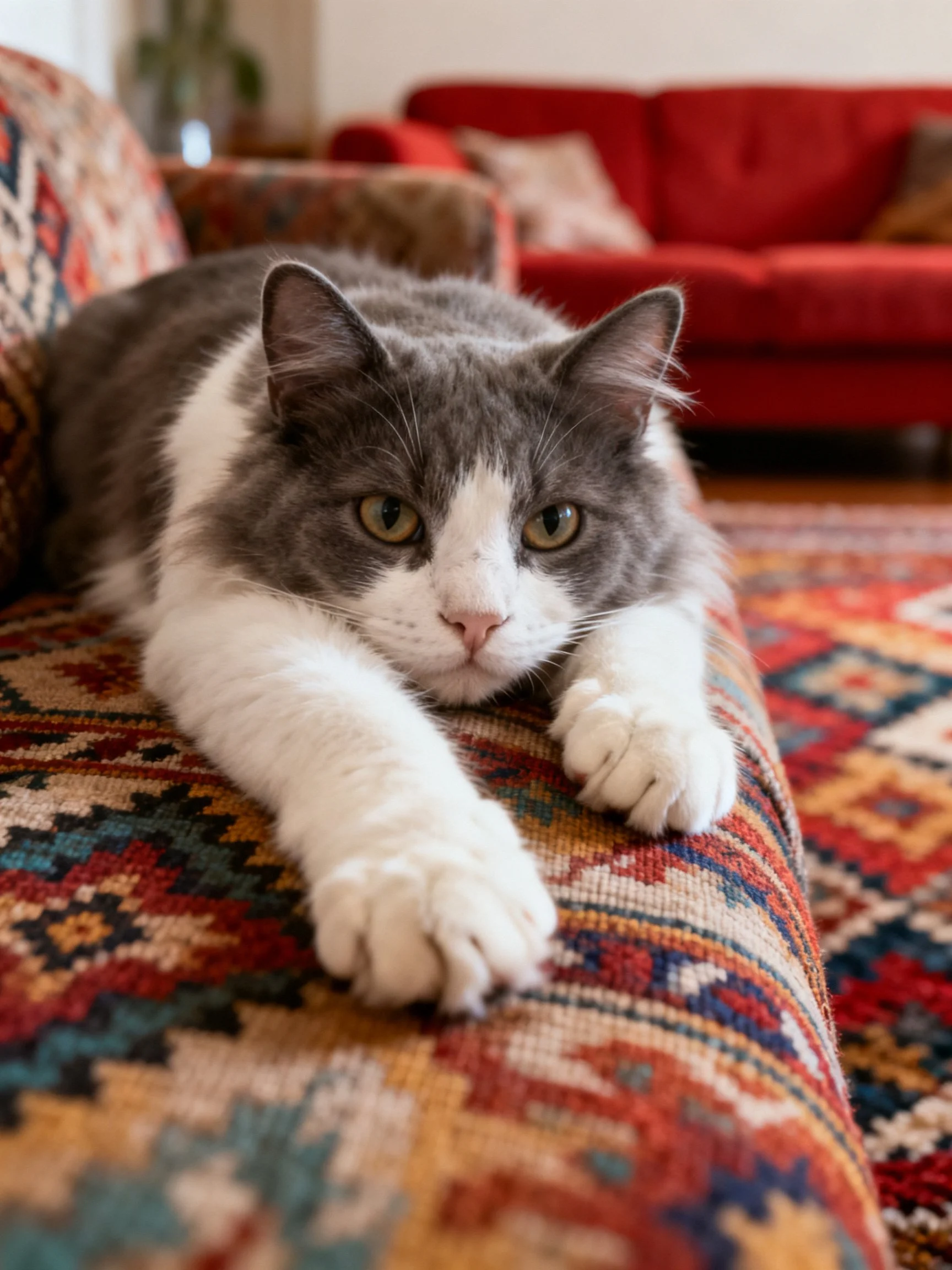 A gray-and-white cat rests on a patterned couch near a red sofa