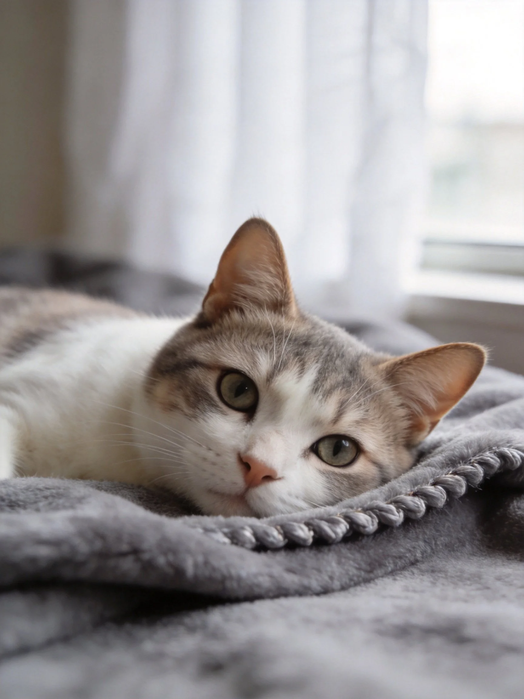 A gray-and-white cat relaxes on a gray blanket near a window with curtains