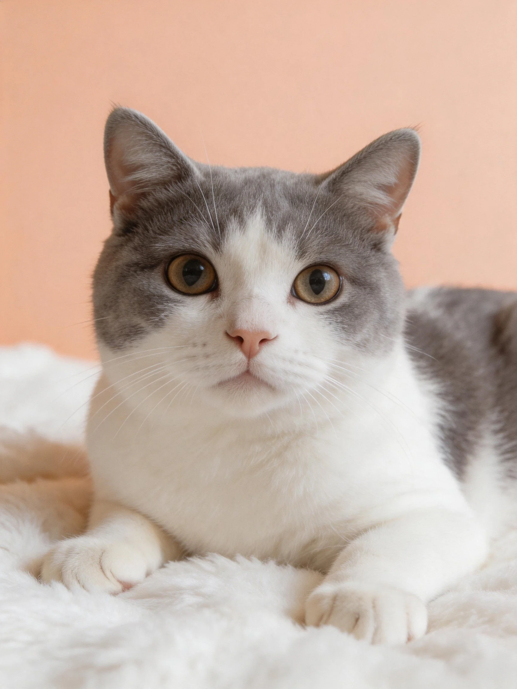 A gray and white cat lies calmly on a soft white fabric against a peach backdrop