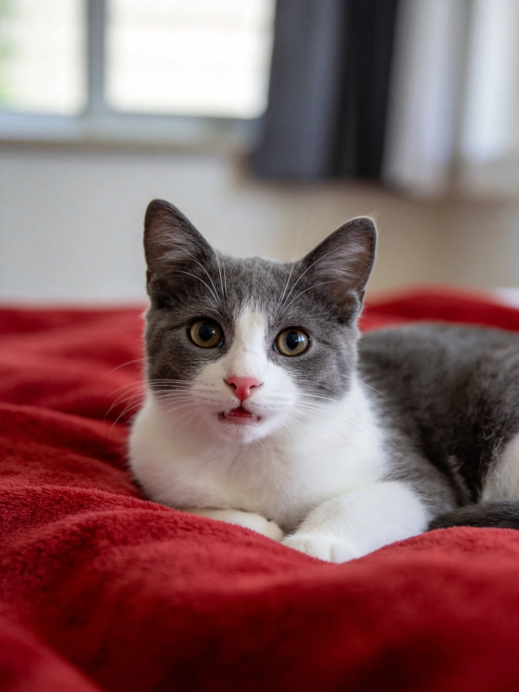 A gray and white cat rests on a vibrant red blanket indoors
