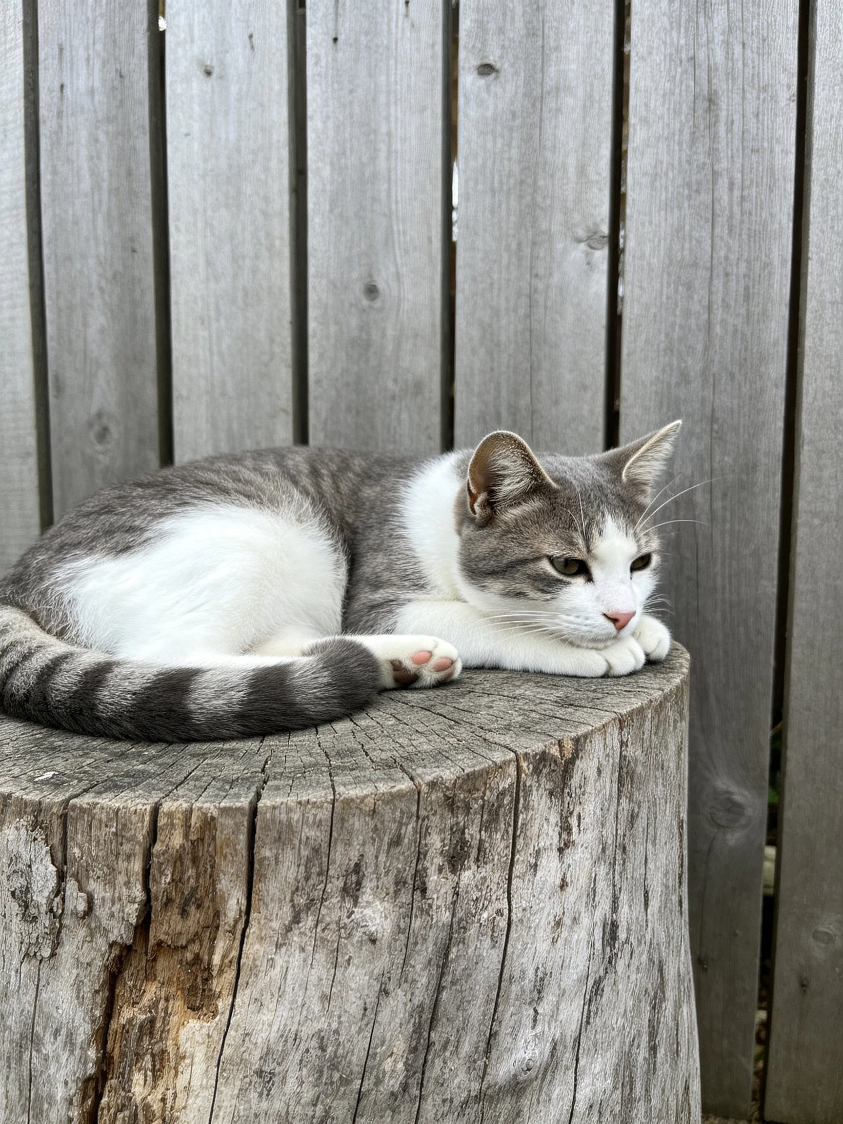 A gray and white cat rests on a weathered tree stump near a wooden fence