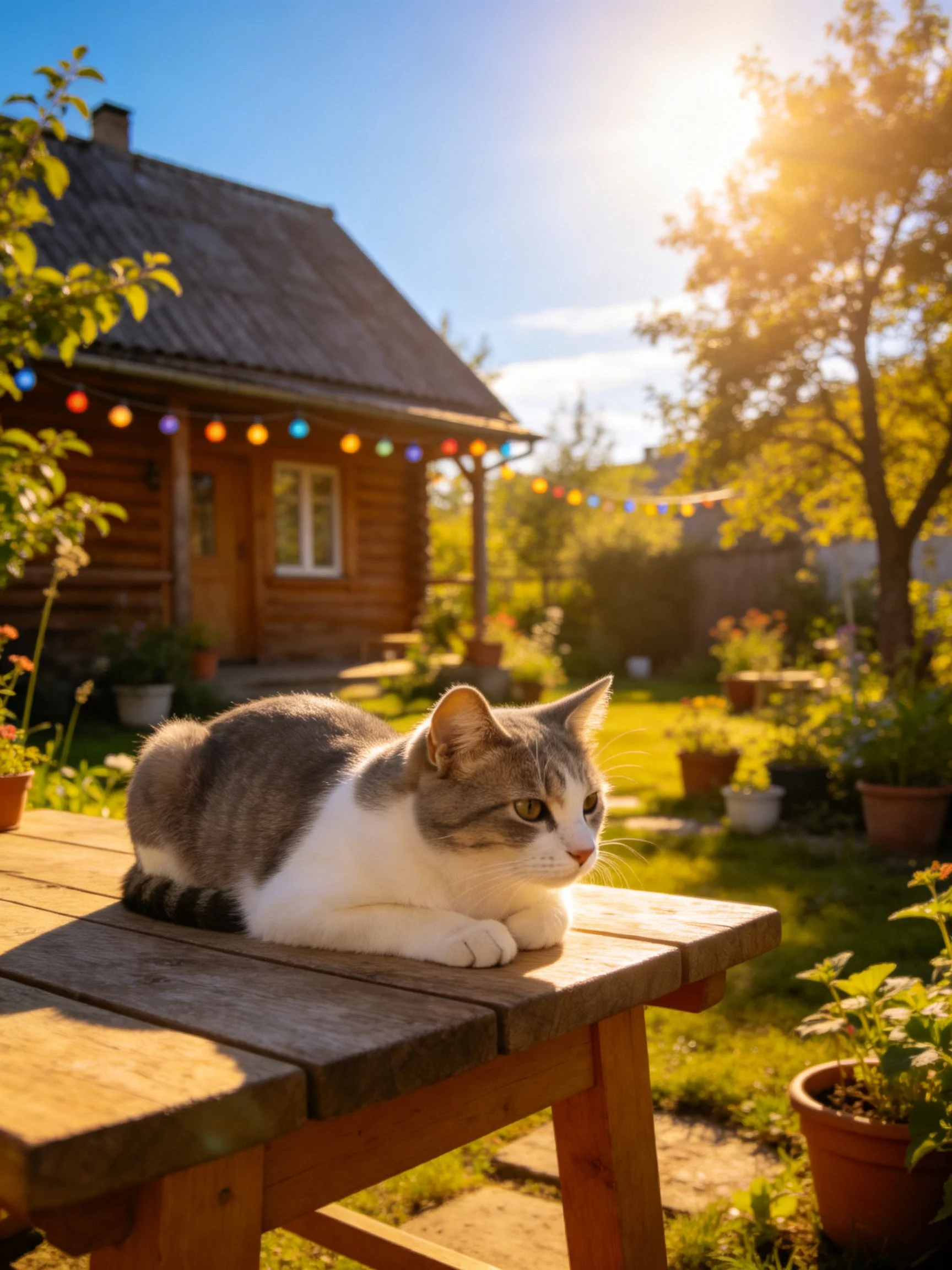 A gray-and-white cat rests on a wooden bench near a rustic log cabin with colorful string lights