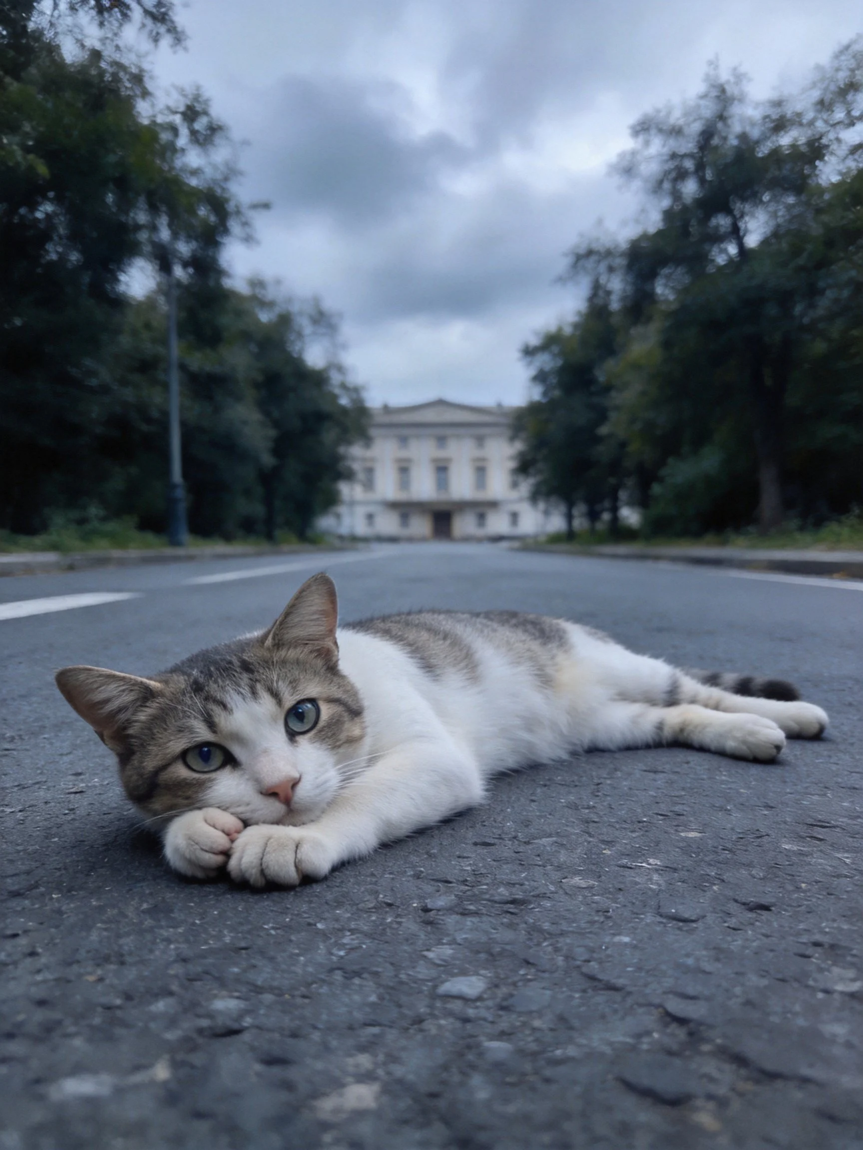 A gray-and-white cat rests on an empty street near a grand white building