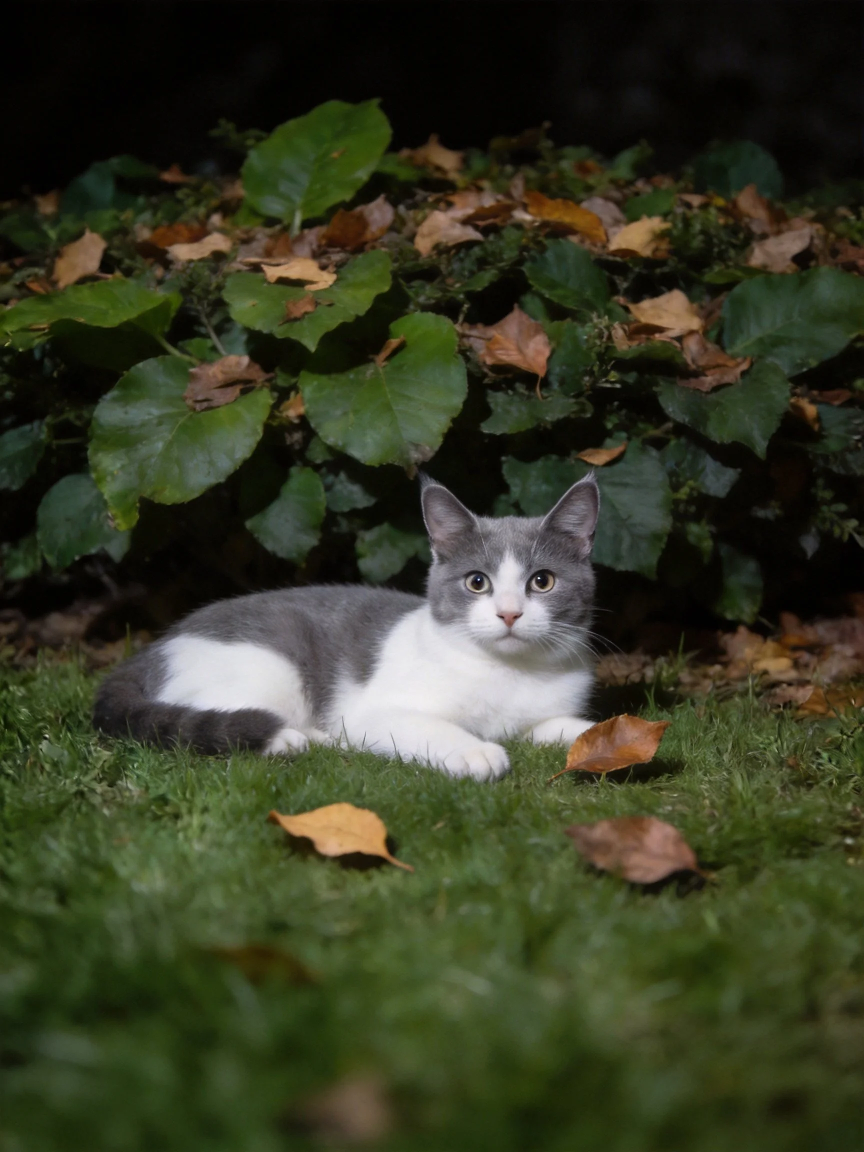 A gray and white cat sits among autumn leaves and grass