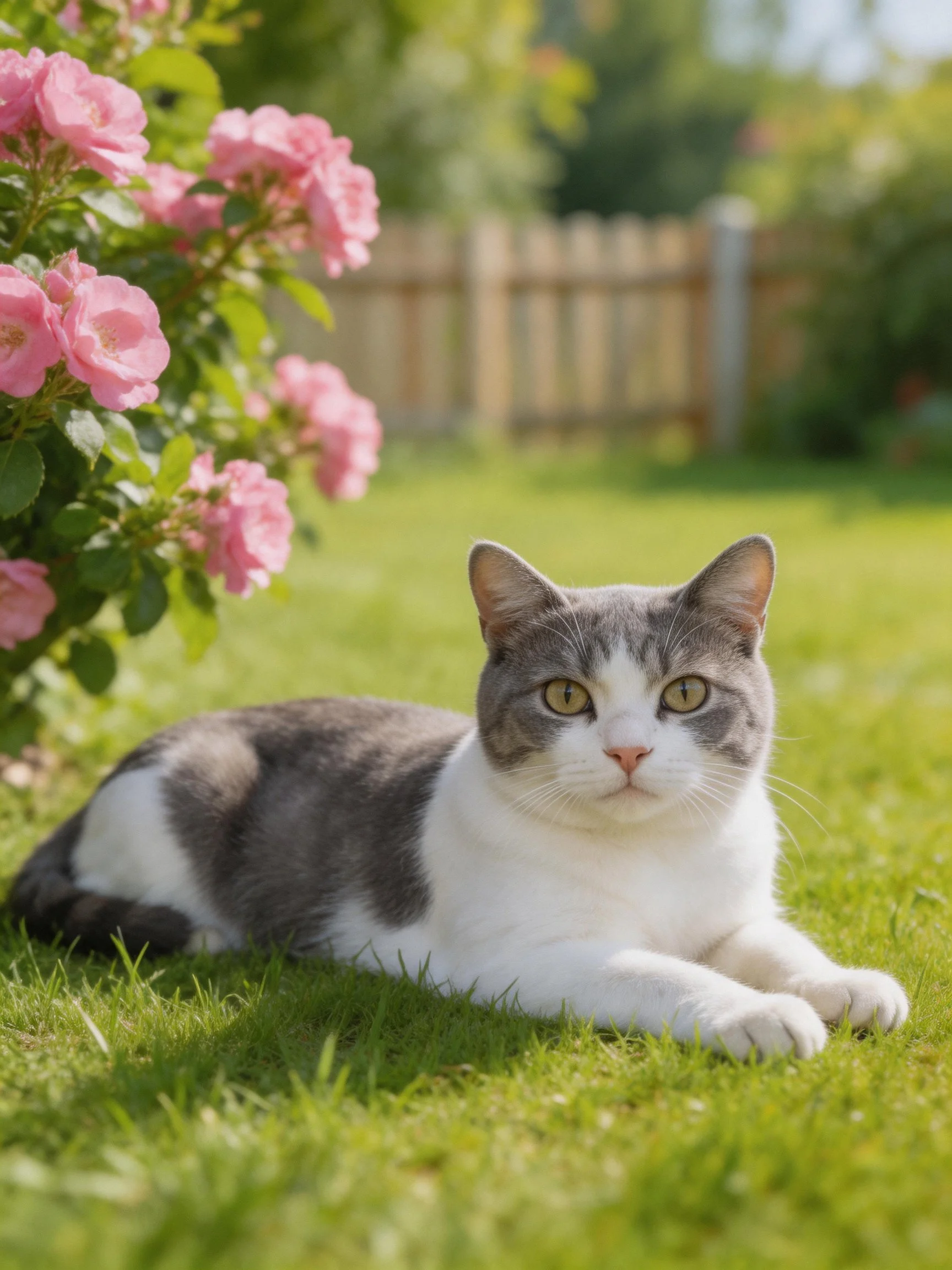 A gray and white cat relaxes on green grass near blooming pink flowers.