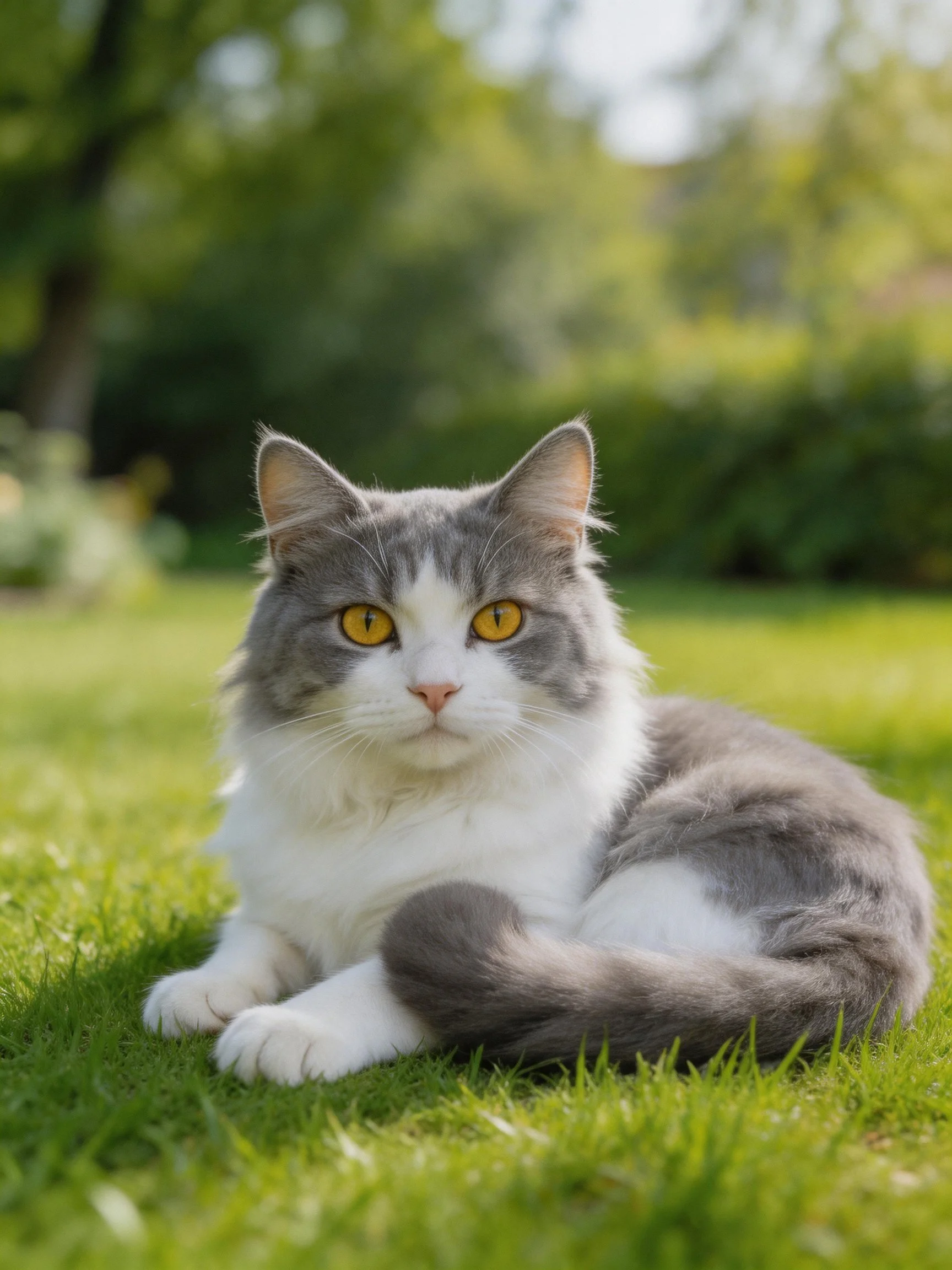 A gray and white cat rests on lush green grass in a sunlit garden
