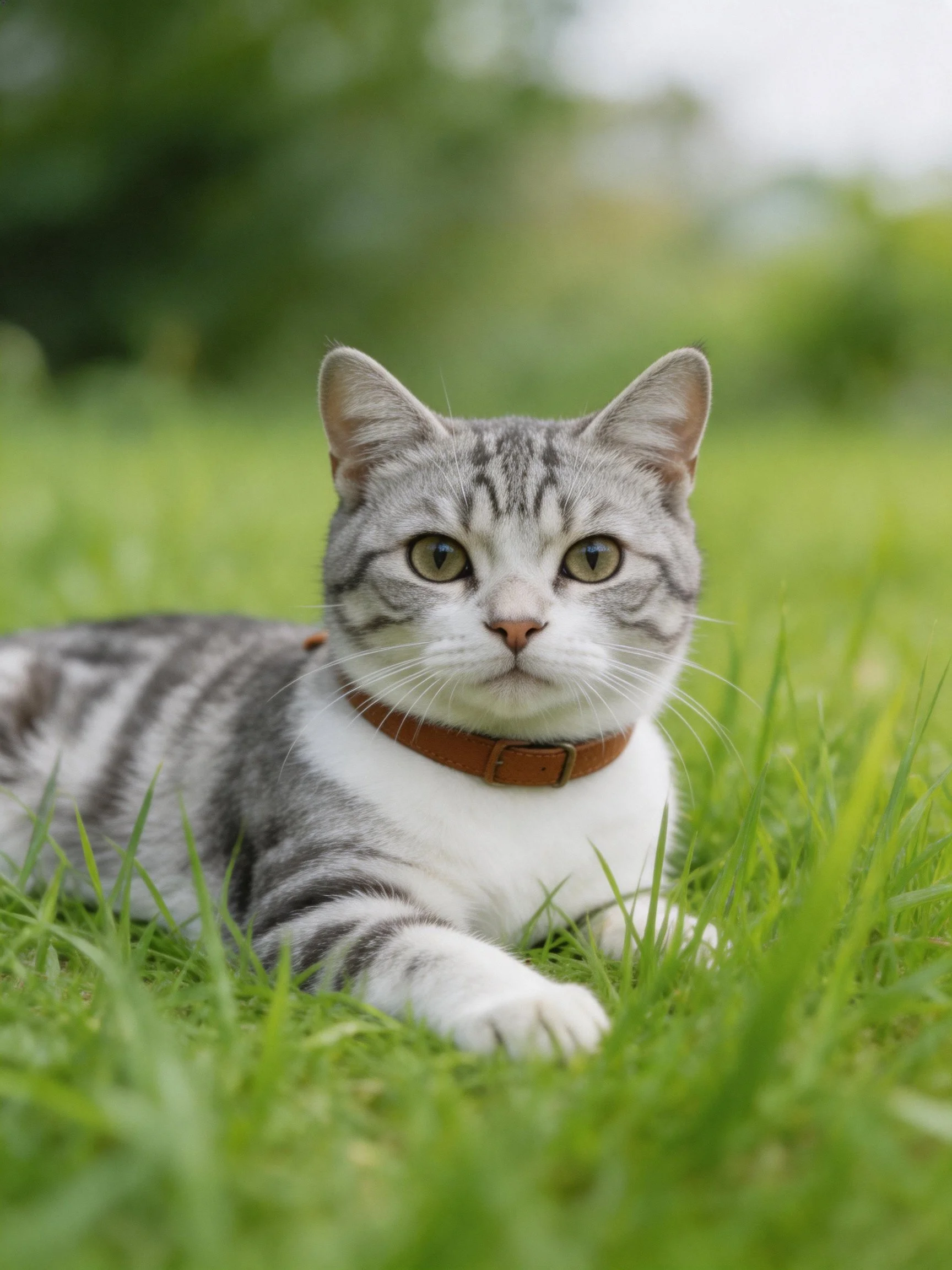 A gray and white cat lies calmly amid tall green grass.