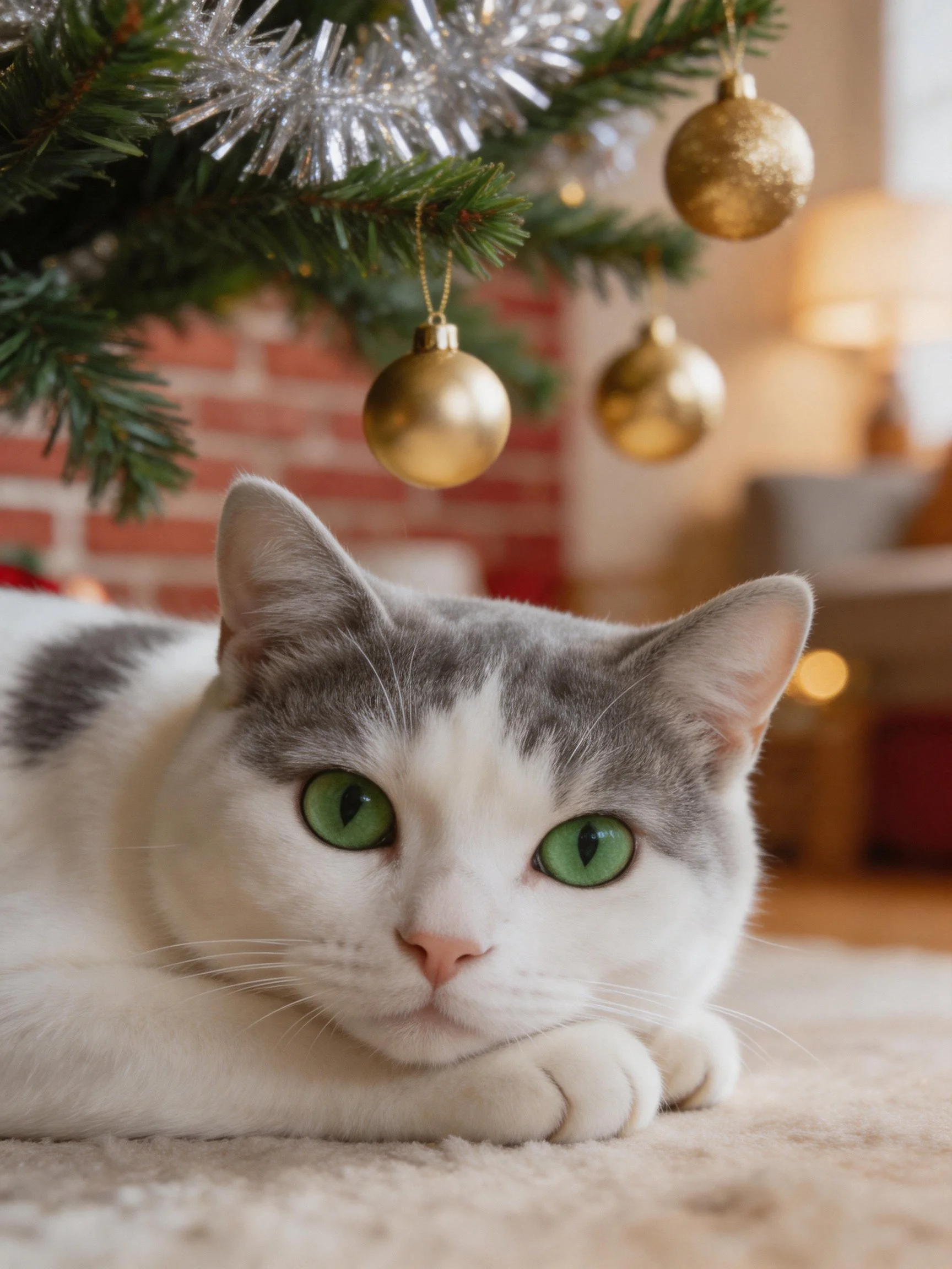 A gray-and-white cat relaxes near a decorated Christmas tree indoors.